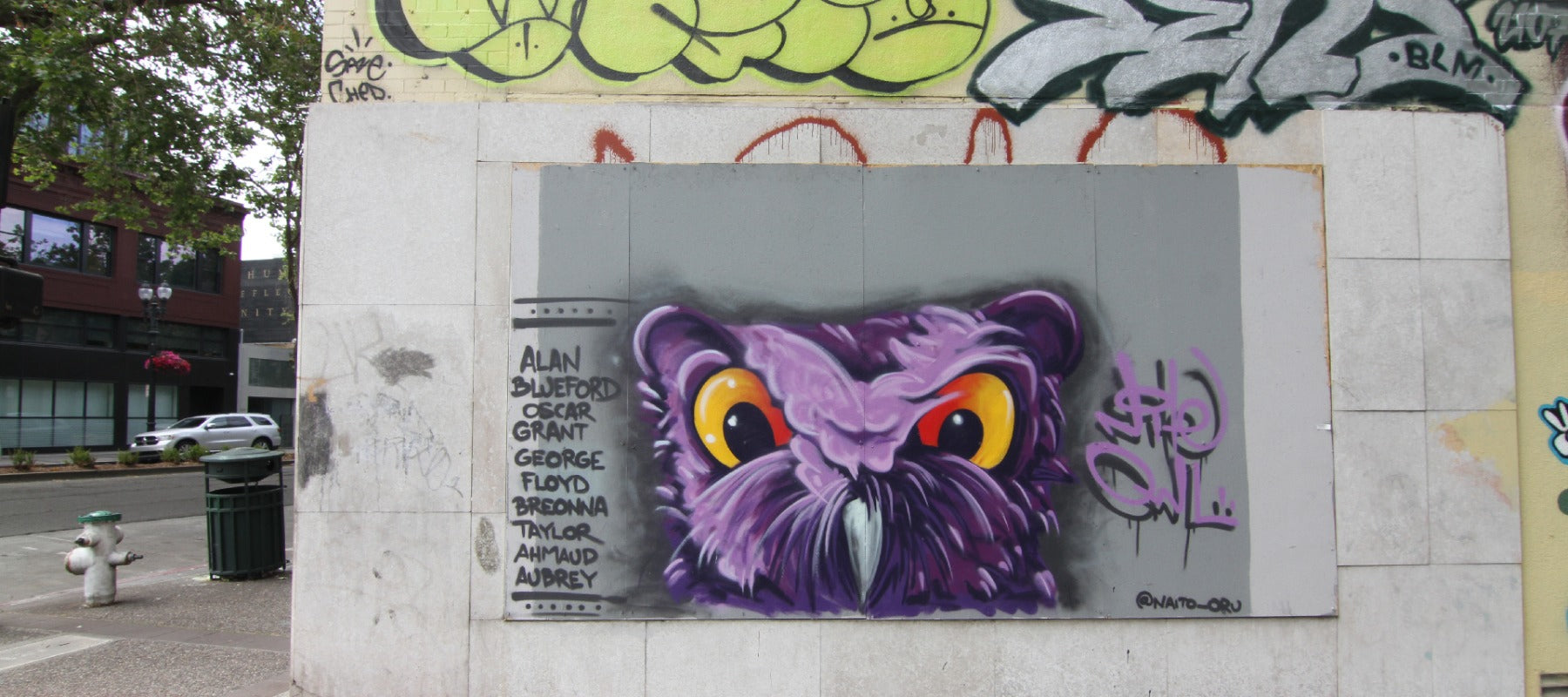 Night Owl Graffiti on Outdoor Wall in Oakland - We Are Oaklandish