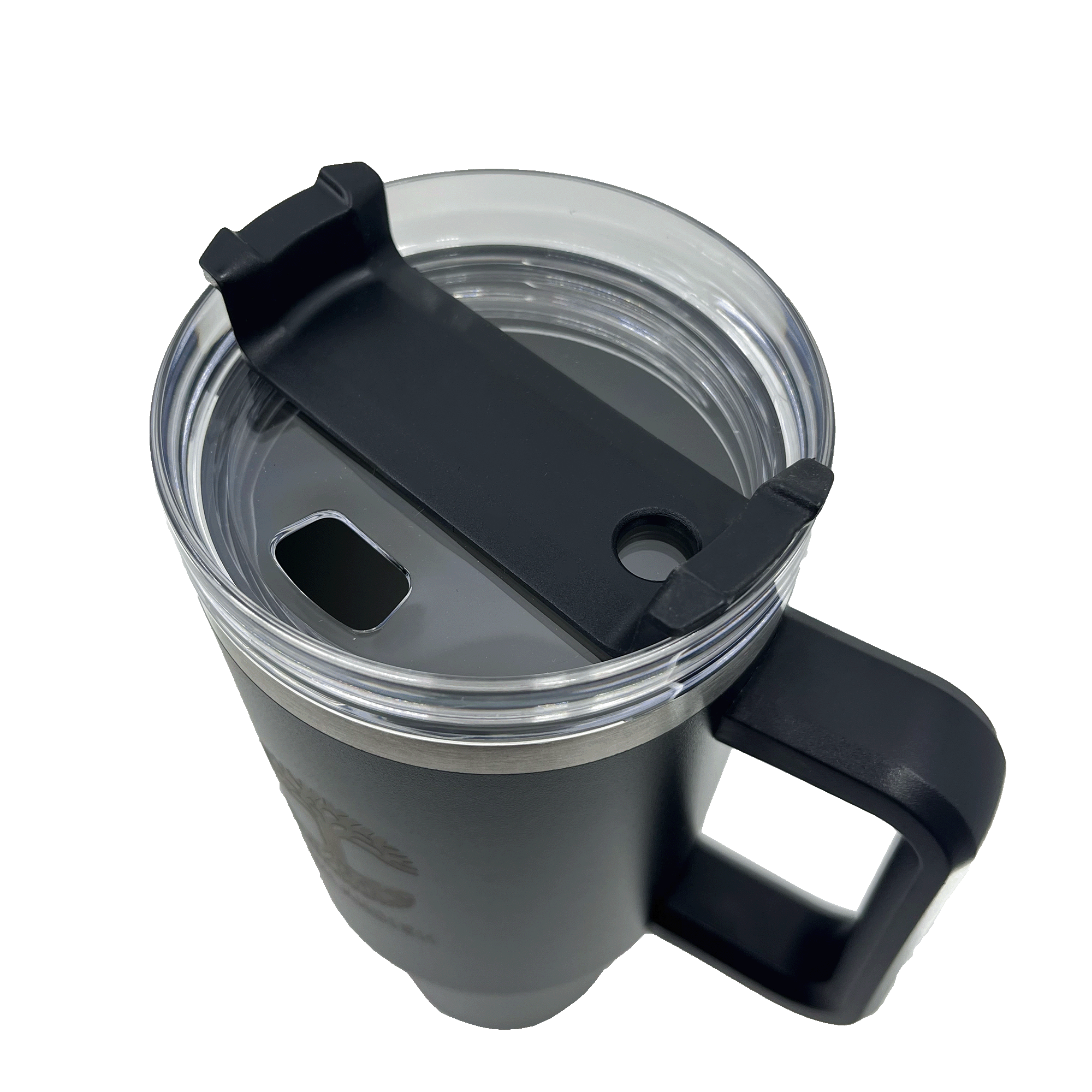 View from above of airtight lid on a black double walled 40-oz stainless steel travel drink tumbler.