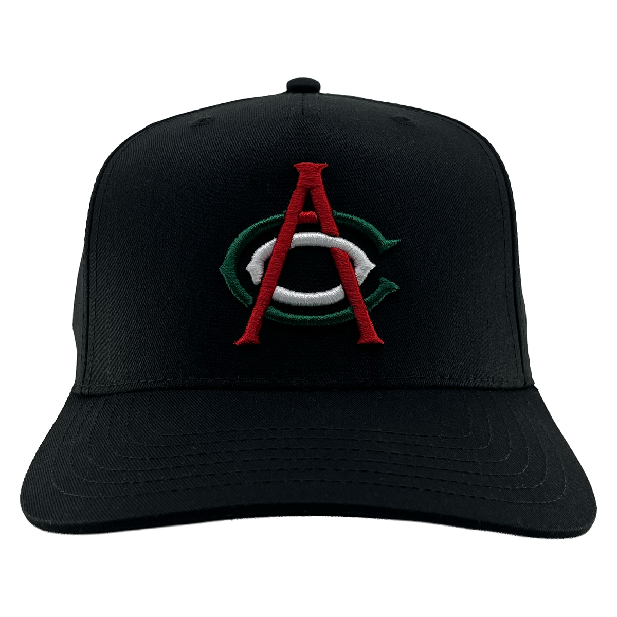The OAC Logo 5 Panel by OAC is a black snapback cap with a curved brim, featuring an embroidered green and white “C” overlaid by a red “A” on the front to represent the Oakland Athletic Club. The cap is photographed facing forward against a plain white background.