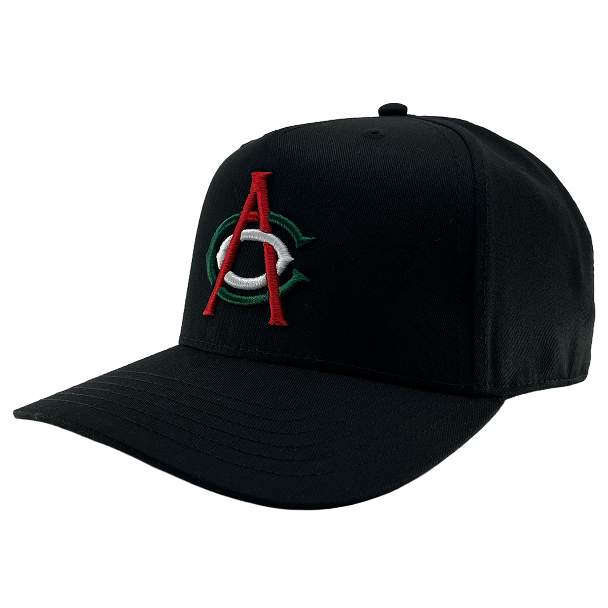 The OAC Logo 5 Panel by OAC is a black snapback cap with a structured crown and curved brim, featuring an embroidered front logo of a bold red “A” layered over a green and white “C,” representing the Oakland Athletic Club. The cap is photographed against a plain white background.