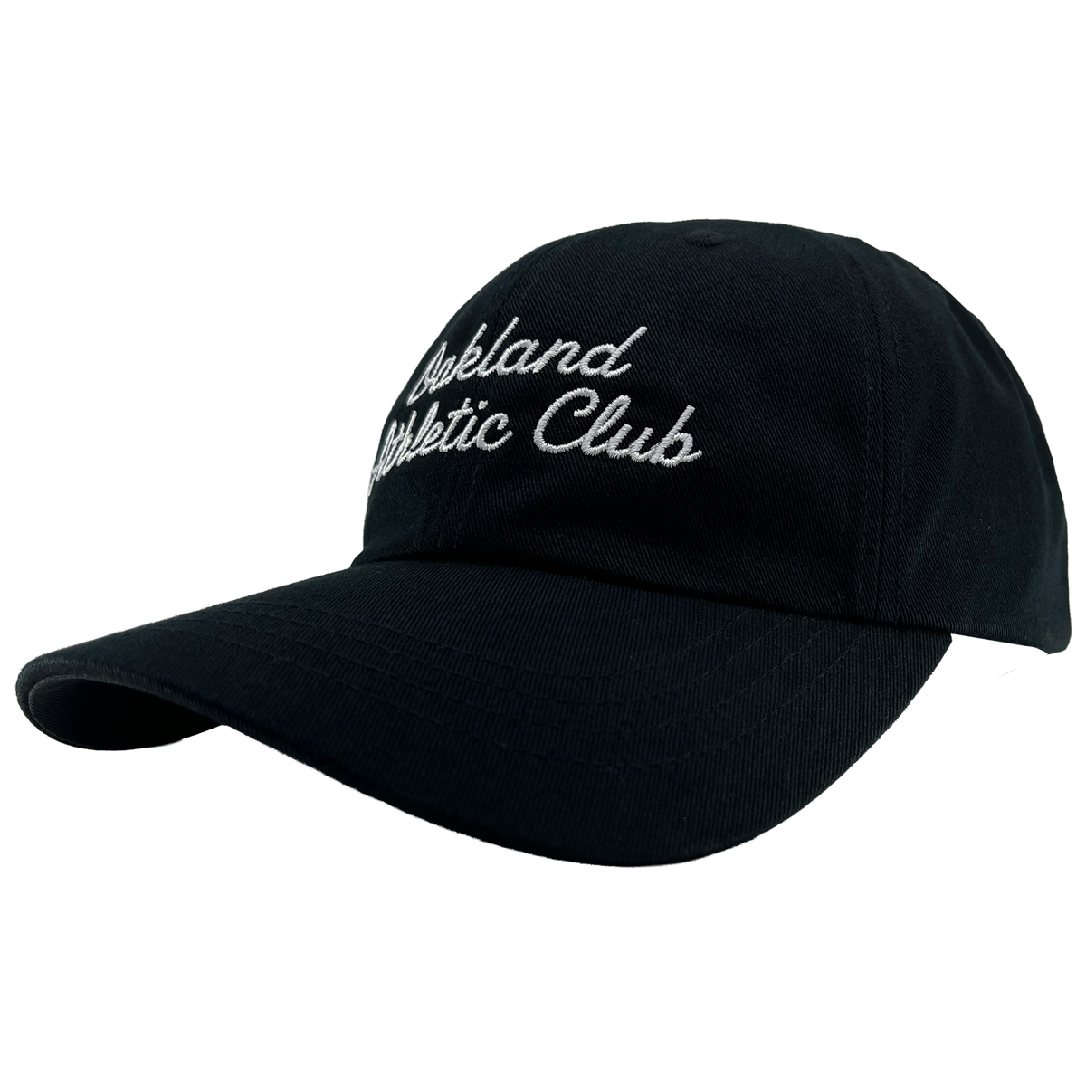The OAC Script Dad Hat by OAC is a black dad hat with a curved brim, featuring “Oakland Athletic Club” embroidered in white cursive across the front. Designed for a customizable fit with its adjustable strap, the cap is photographed on a plain white background and angled to highlight both the brim and the detailed embroidery.