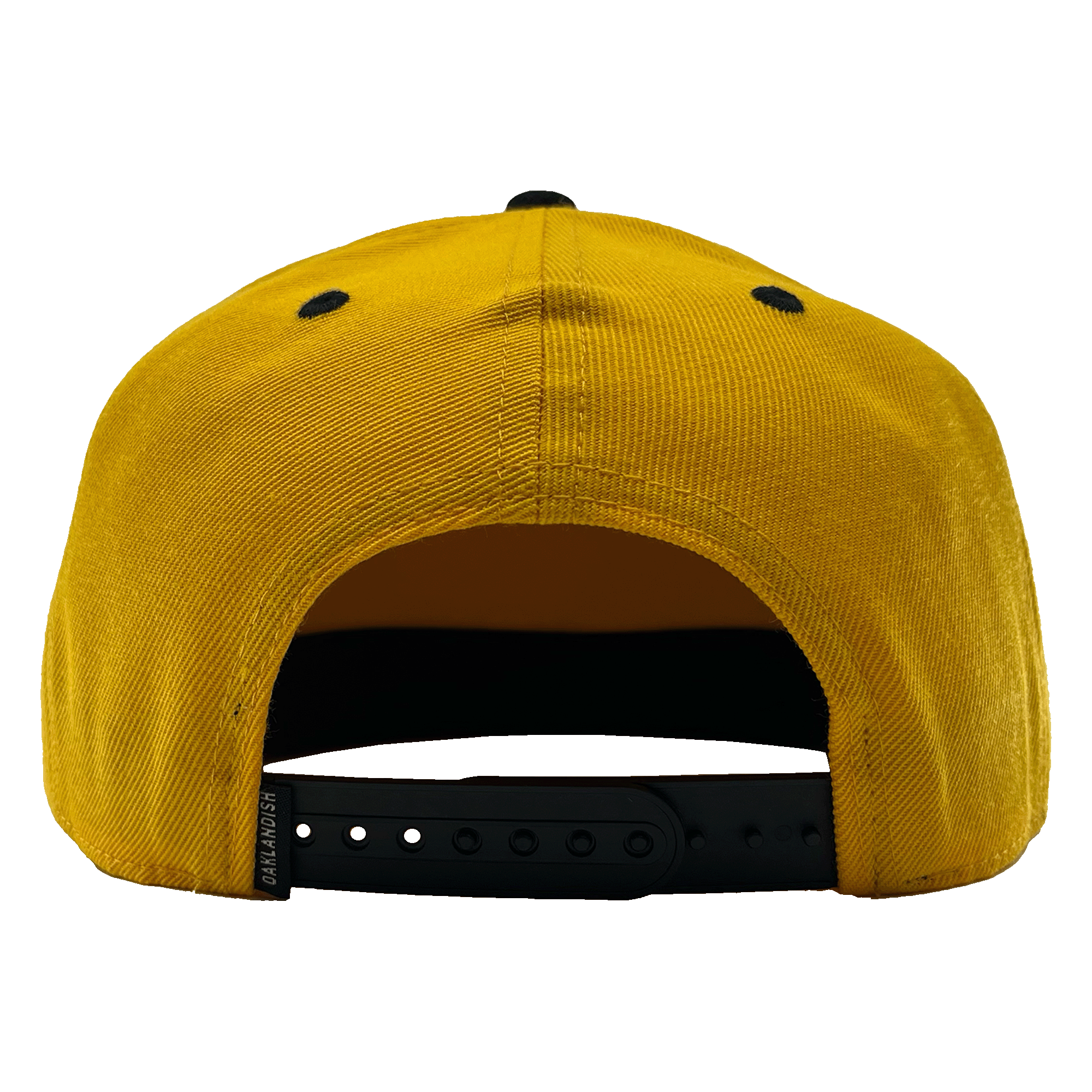 Back view of a yellow hat with black adjustable snapback closure with small Oakladish wordmark tag.
