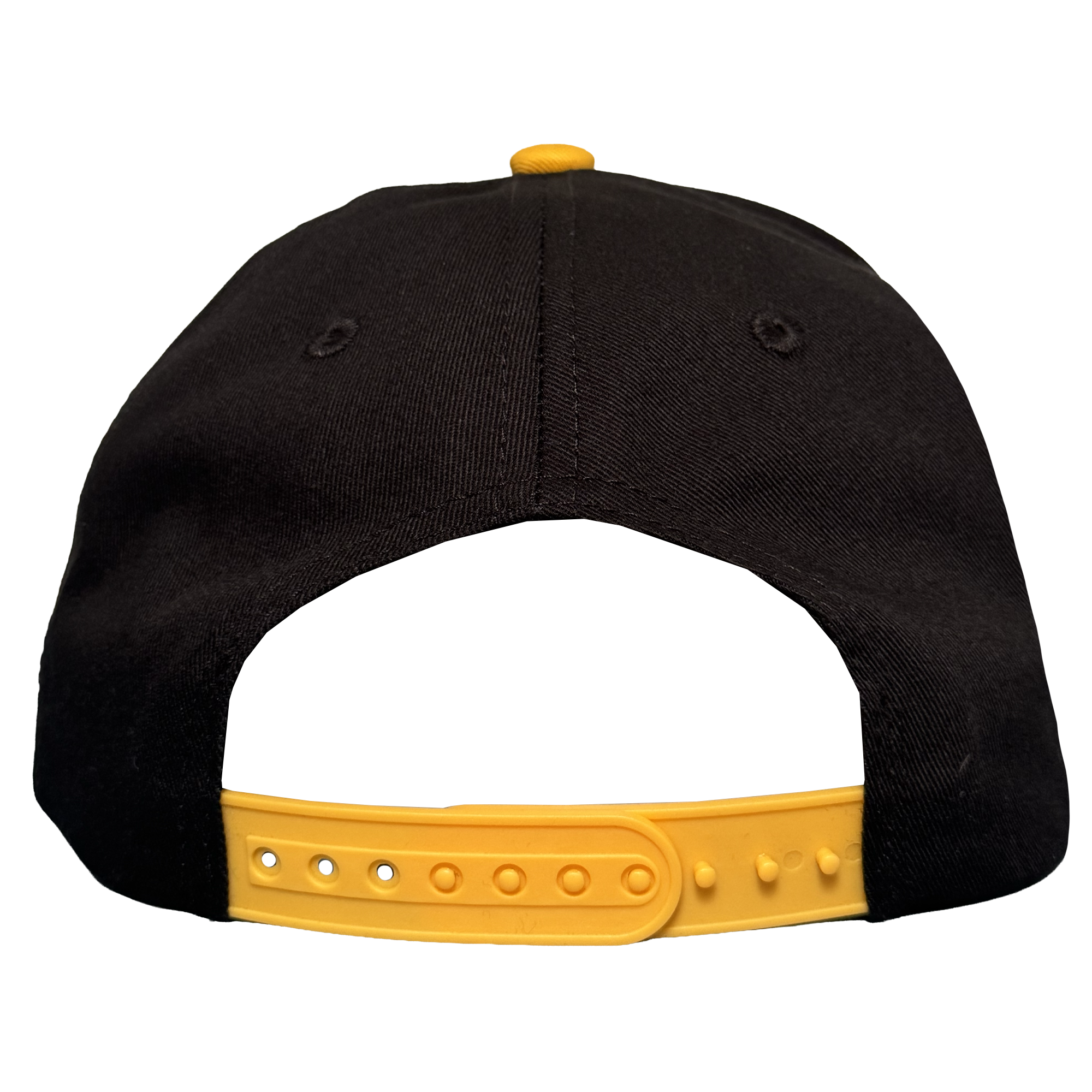 The Oakland Ballers 5 Panel Cap, by Oakland Ballers, is a black snapback hat with a yellow adjustable strap, top button, and two stitched eyelets for ventilation—shown from the back against a white background.