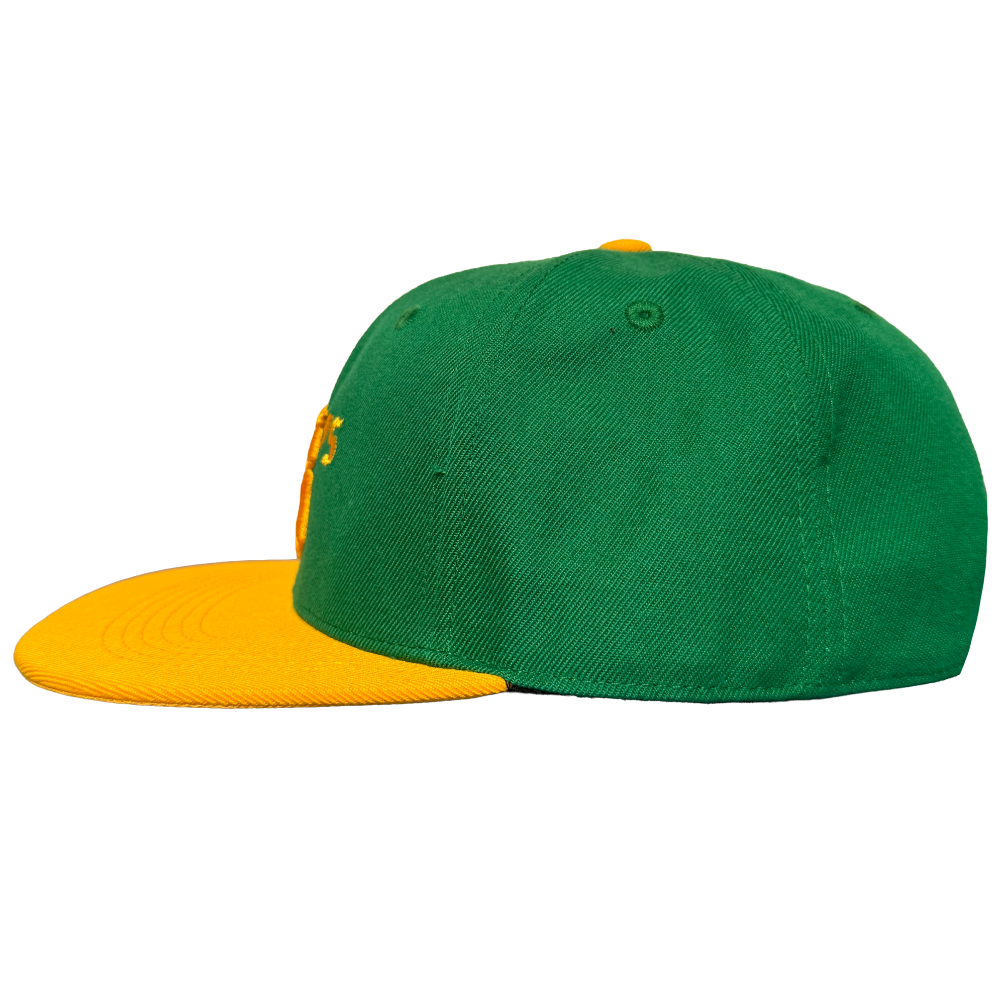 The Oakland Ballers Snapback by Oakland Ballers is a green cap with a flat yellow brim and top button, stitched eyelets, and a structured crown, shown from the side against a plain white background.