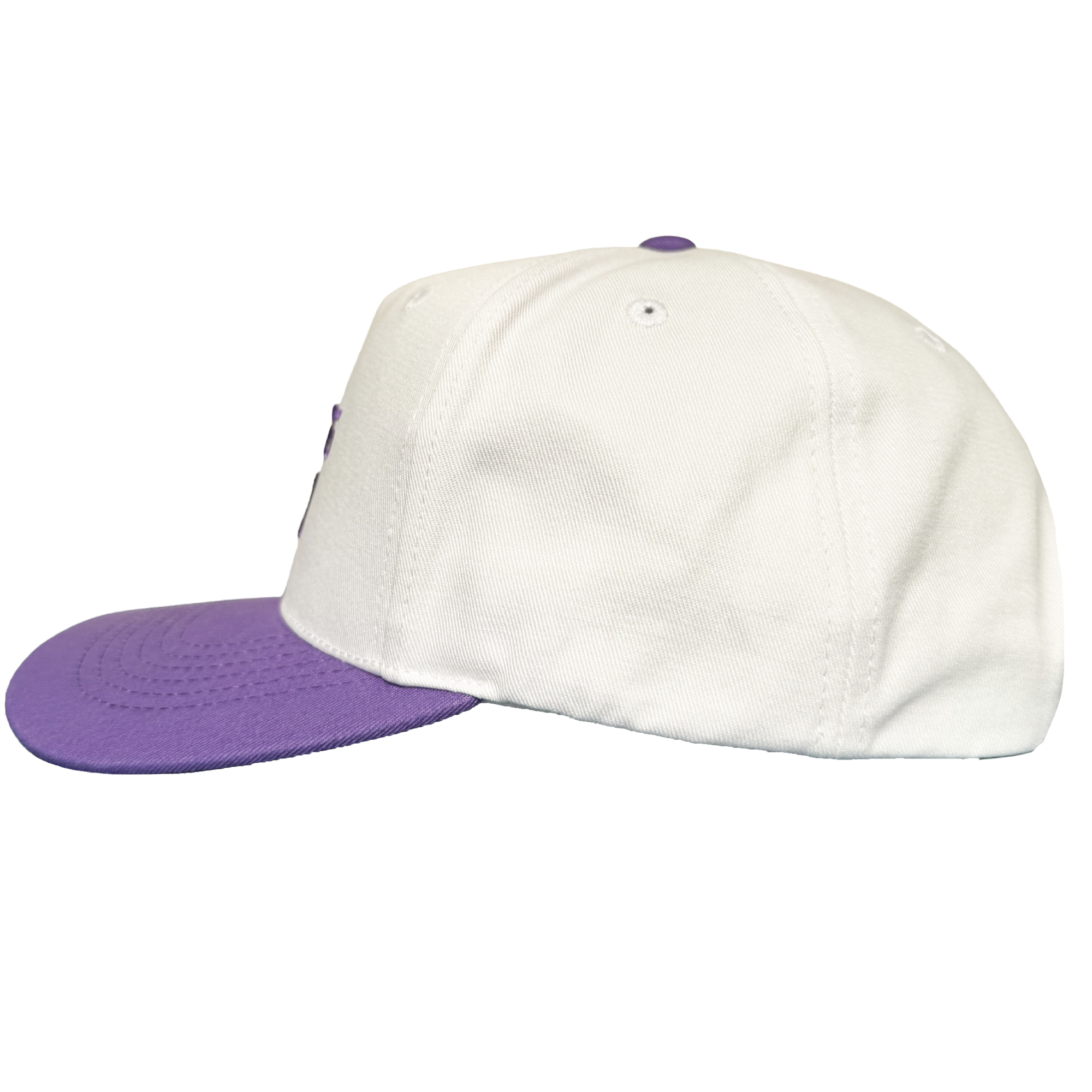 The Oakland Ballers 5 Panel Cap by Oakland Ballers is a white snapback hat featuring a purple brim and button, displayed from the side against a plain white background. The cap includes visible stitching and ventilation eyelets on the crown, with no visible logos or designs from the Oakland Ballers or any other Oakland baseball team on this side.