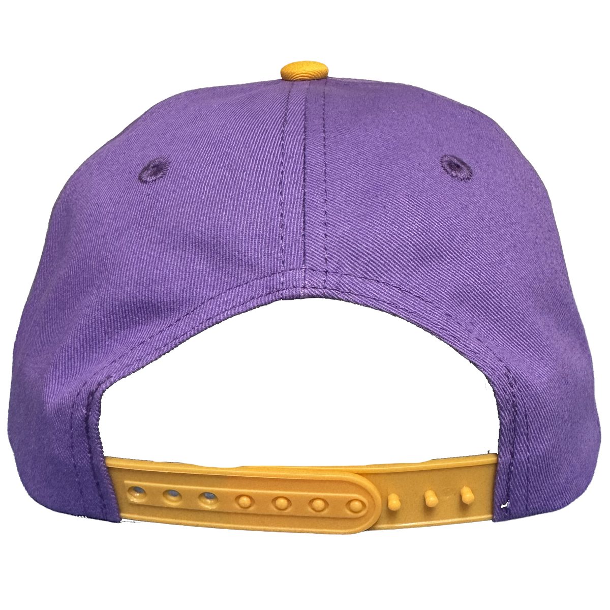 The Oakland Ballers 5 Panel Cap is displayed from the back, highlighting its vibrant purple color and a yellow adjustable snapback closure. Two small embroidered eyelets are visible on either side near the top, and the textured fabric and detailed stitching capture the energetic style of Oakland Ballers merchandise. The background is a plain light gray.