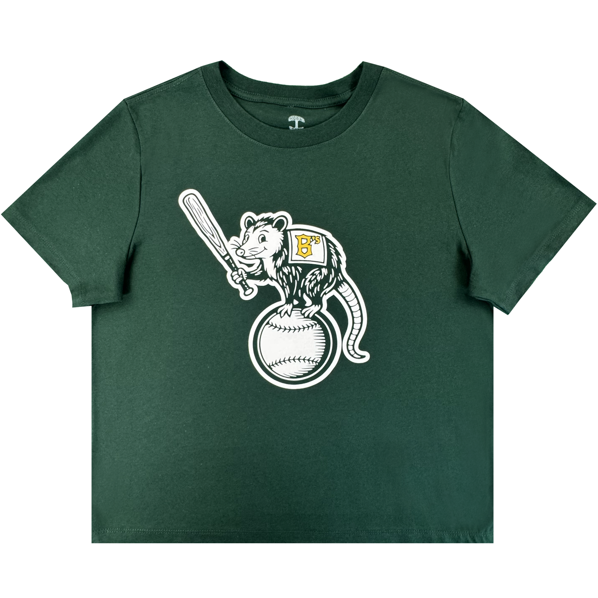 The Women's Clutch Tee from Oakland Ballers is a dark green shirt with a cartoon opossum holding a bat atop a baseball, wearing a "BP" patch—centered on the chest and ideal for Pioneer League and Oakland Ballers fans.