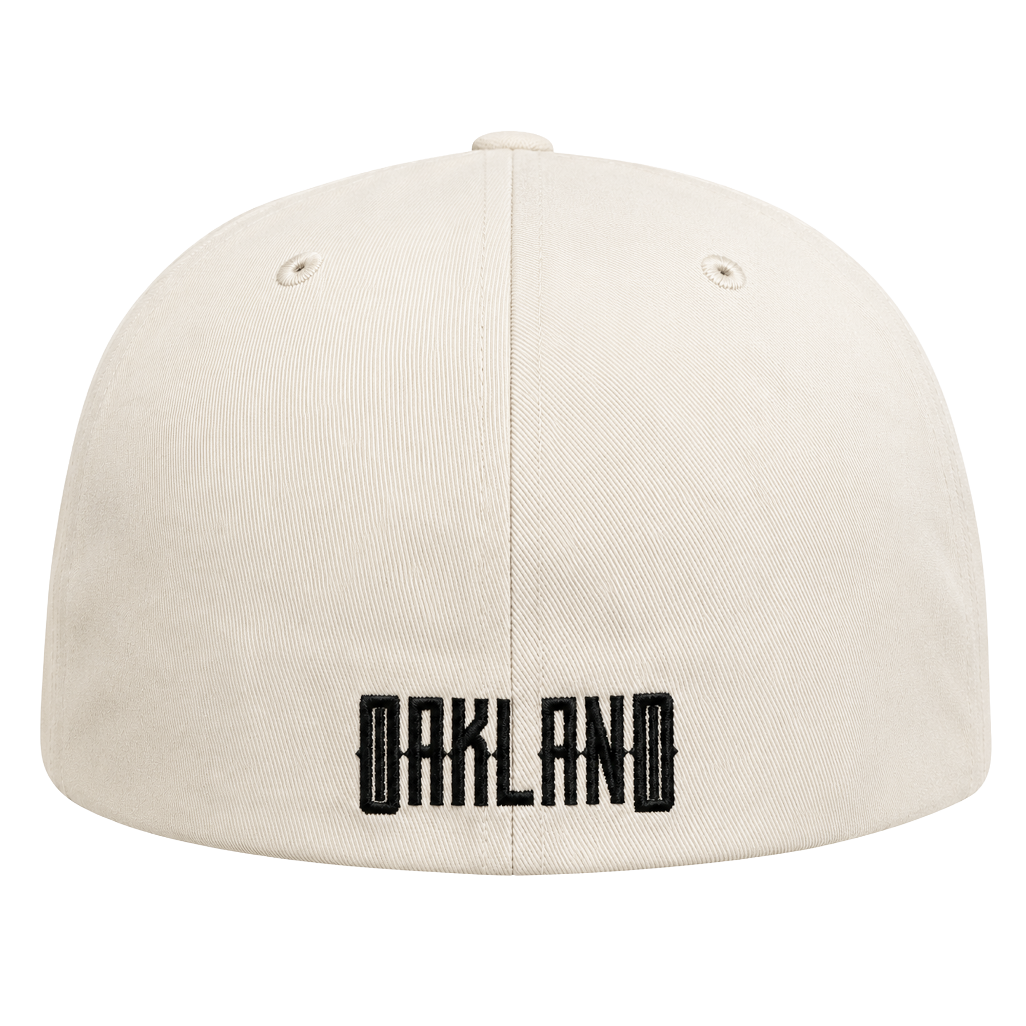 A cream-colored Oakland Peloteros Hat from the Oakland Ballers is displayed from the back, featuring "OAKLAND" embroidered in bold, black block letters near the bottom—a tribute to the city's exciting new Pioneer League team. Two small eyelets appear on either side of the top center seam. The background is white.