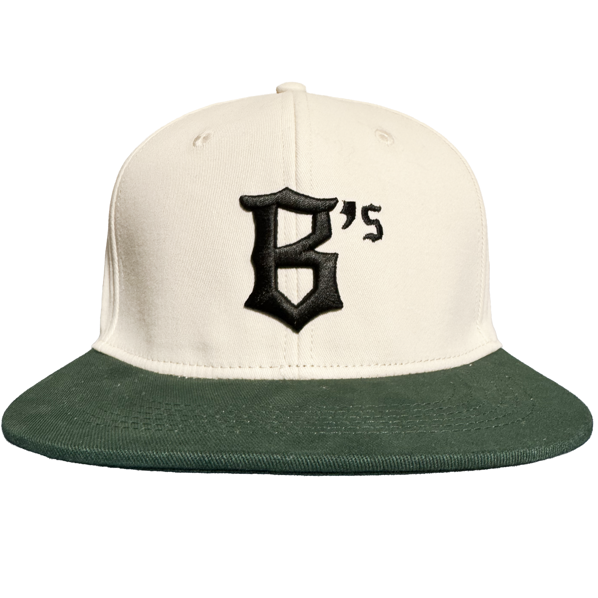 Introducing the Oakland Peloteros Hat by Oakland Ballers—a cream-colored baseball cap with a dark green brim, inspired by the Oakland Ballers from the Pioneer League. The front displays a bold black "B's" in gothic font, capturing the vibrant spirit of Oakland’s newest baseball team. Set against a plain white background.
