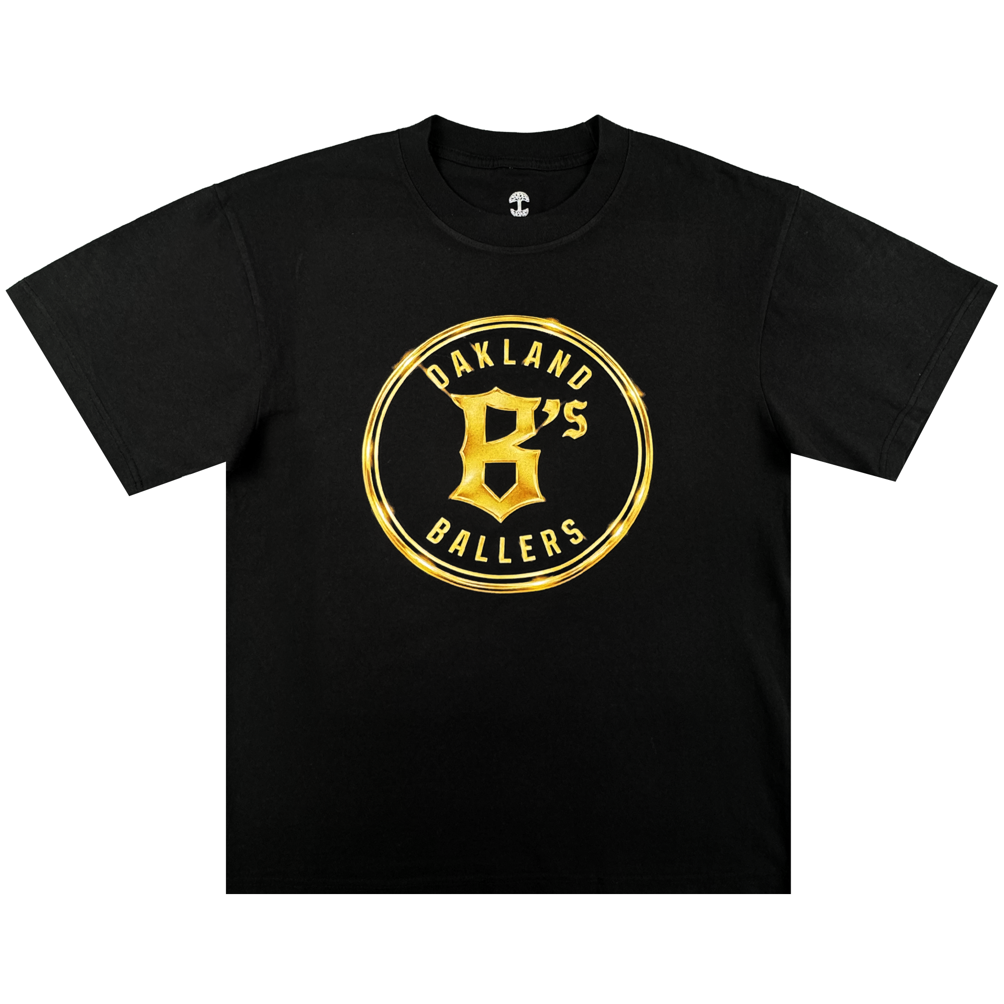 The Oakland Ballers Gold Tee features a black design with a gold circular logo and bold "Oakland B’s Ballers" text on the chest—a stylish choice for any pro baseball or Oakland Ballers fan.