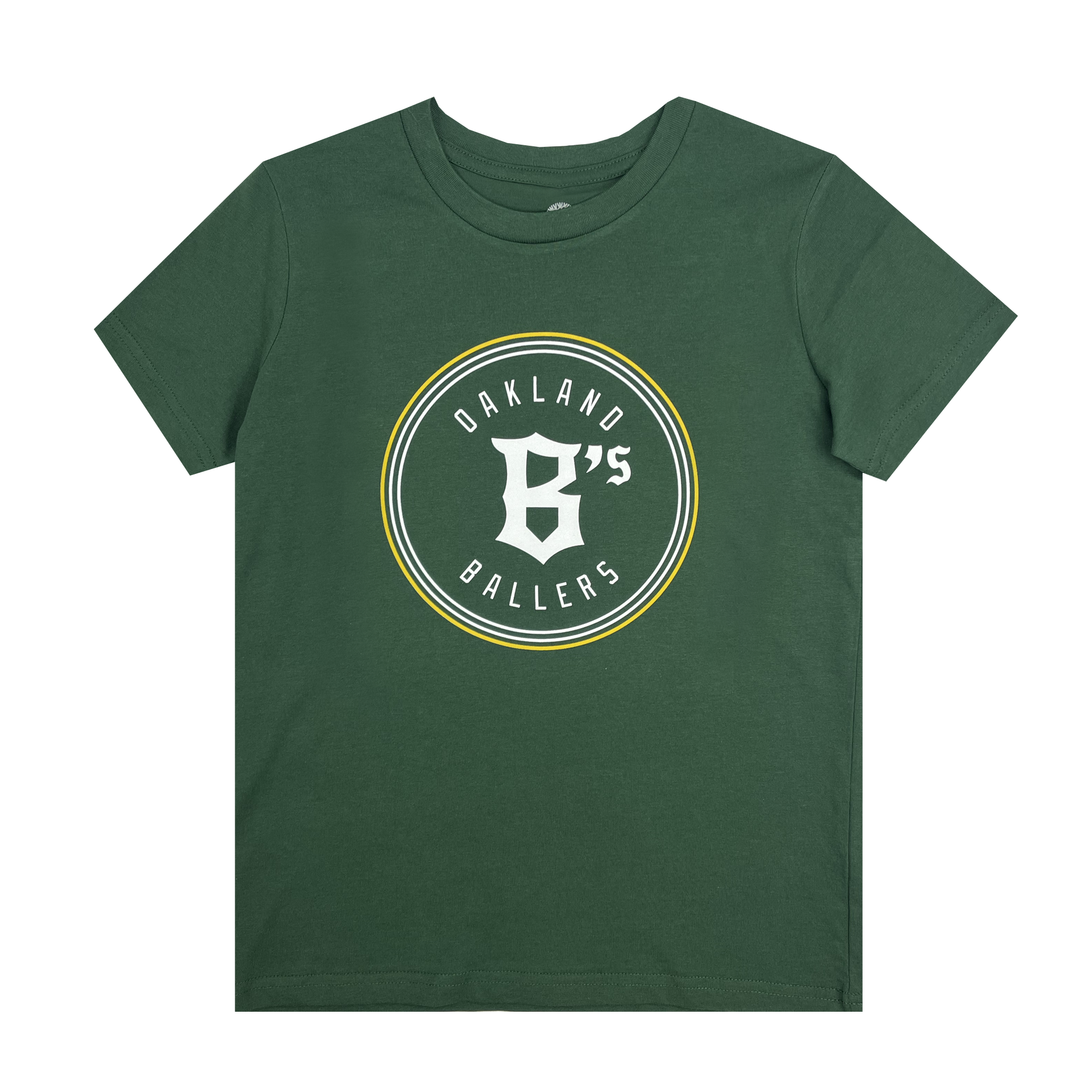 The Youth Oakland Ballers Logo Tee is a green T-shirt featuring the Oakland Ballers' logo with "OAKLAND" arched above and "BALLERS" below a prominent "B's" in the center. The logo, representing the new professional baseball team in the Pioneer League, is encircled by white and yellow lines on a plain background. Made by Oakland Ballers, this tee celebrates their spirited team identity.