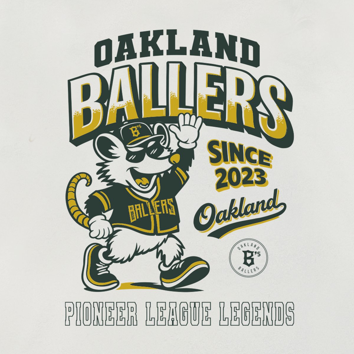 A cartoon rat mascot sporting sunglasses, a cap, and a jersey waves beneath bold “Oakland Ballers” lettering. Smaller text reads: “Since 2023 Oakland.” A badge at the bottom right displays “Ballers.” Along the lower edge, the text: “Pioneer League Legends” honors the legacy of this Oakland baseball team. Colors include green, yellow, white, and black. Product: Ballers Heritage Tee by Oakland Ballers.