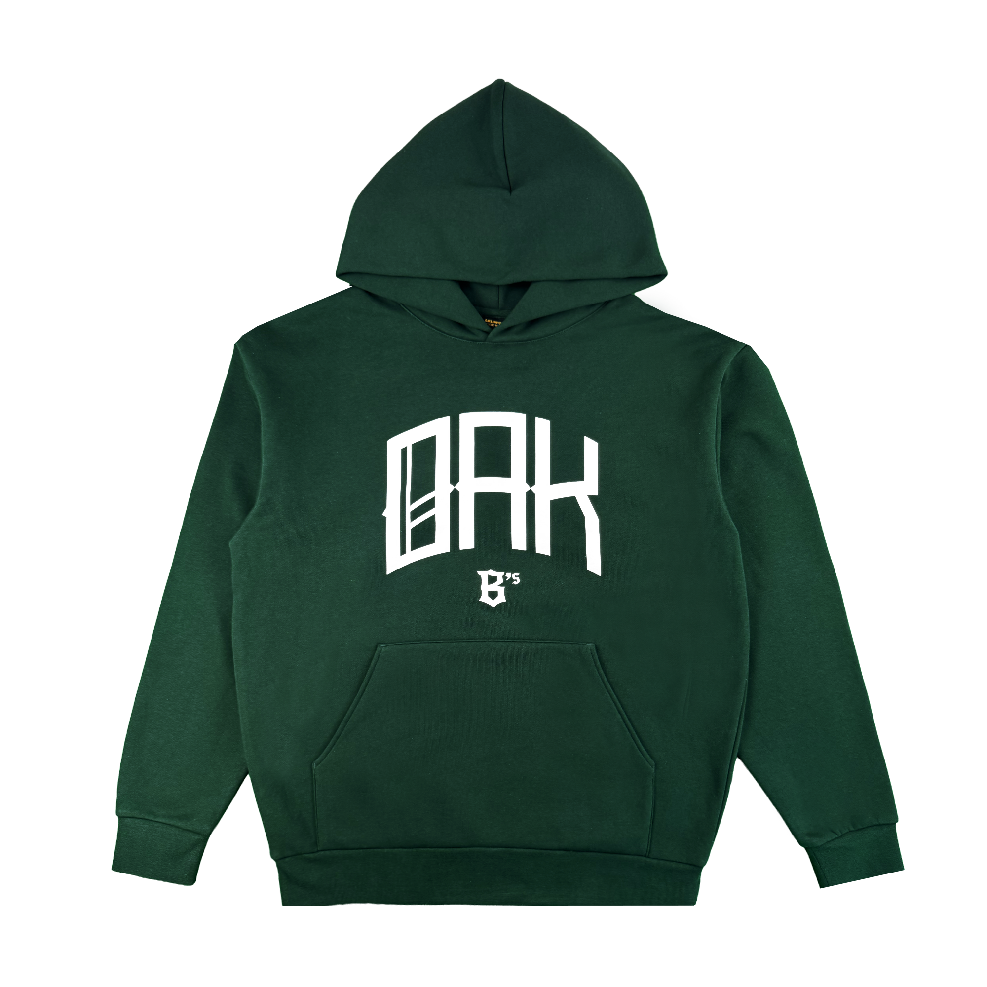 The OAK Ballers Hoodie by Oakland Ballers is a dark green hooded sweatshirt featuring a large kangaroo pocket, "OAK" in bold white letters, and a small "B's" logo below on the front, shown laid flat on a white background.