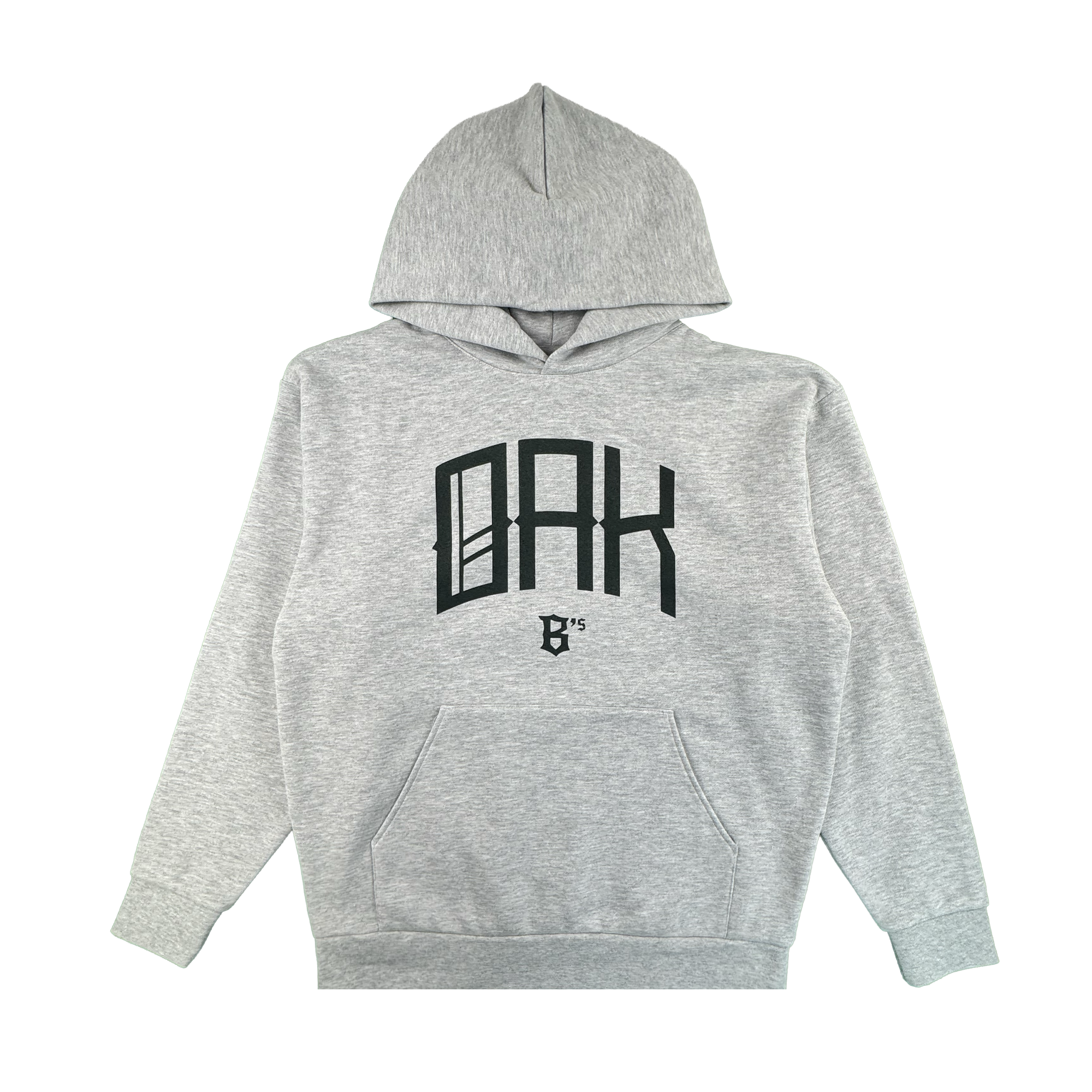 The Oakland Ballers OAK Ballers Hoodie is a light gray hoodie with a front pocket, featuring bold black "OAK" text in a modern font and a small "B '15" graphic on the chest. The background is plain white.
