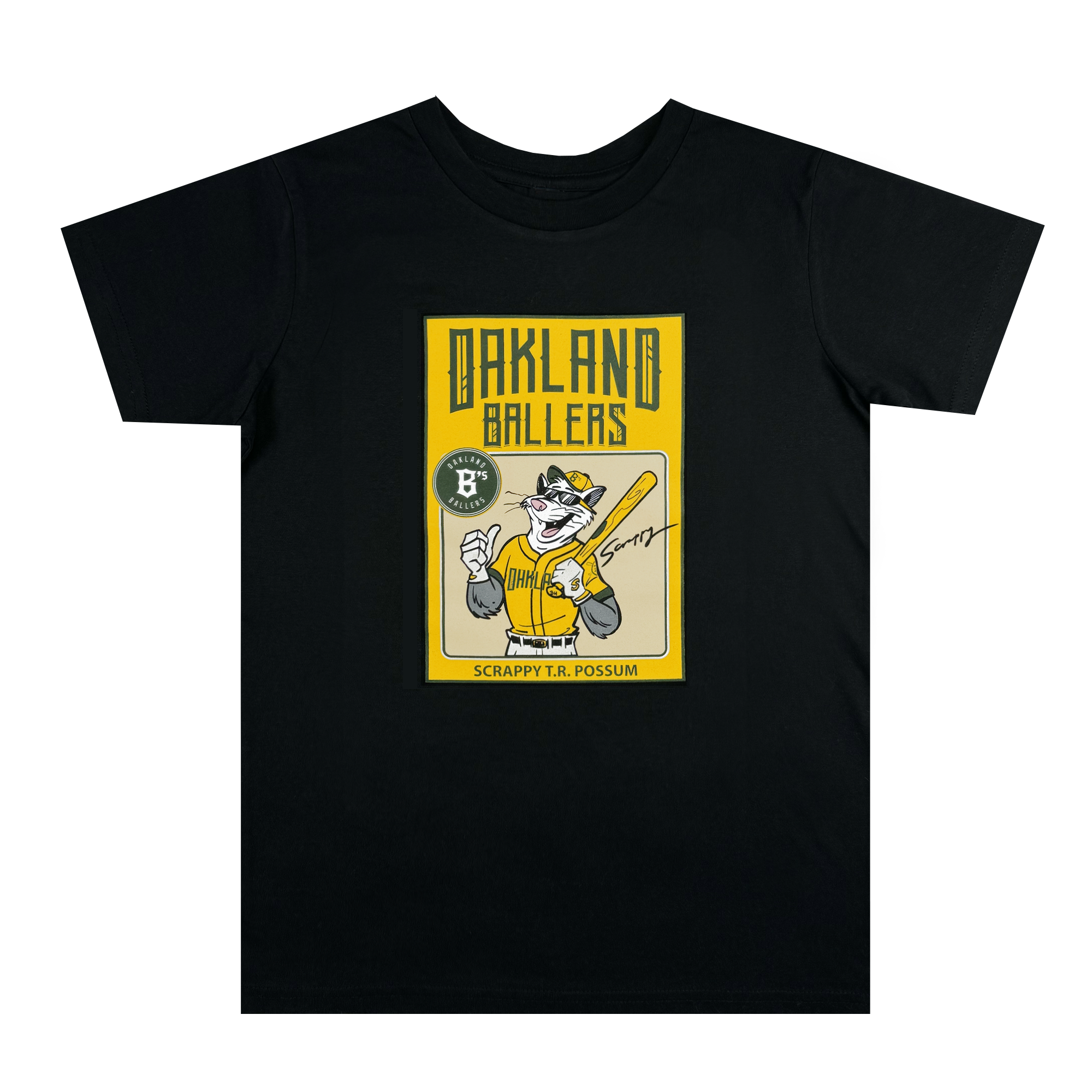 The Oakland Ballers Youth Scrappy Rookie Tee is a black shirt with a yellow graphic of mascot Scrappy the Rally Possum in a baseball uniform holding a bat, plus “Oakland Ballers,” “Scrappy T.R. Possum,” logo, and autograph.