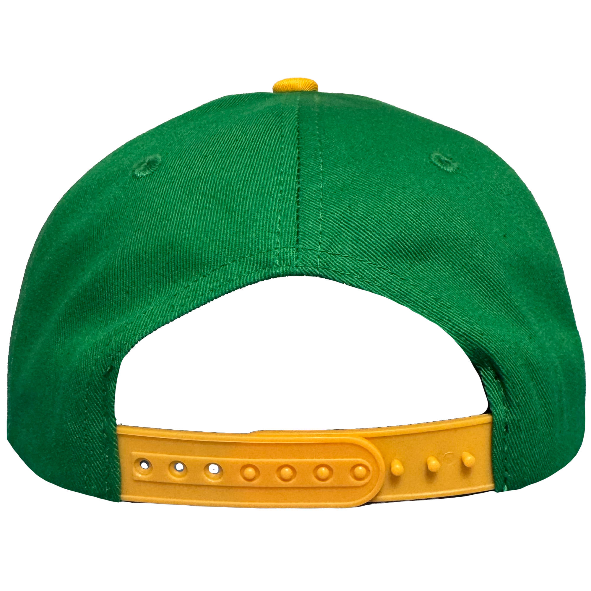 The Oakland Ballers 5 Panel Cap, in green, is shown from the back with a yellow adjustable strap with multiple holes, yellow top button, stitched eyelets on each side, and features the Oakland Ballers branding.
