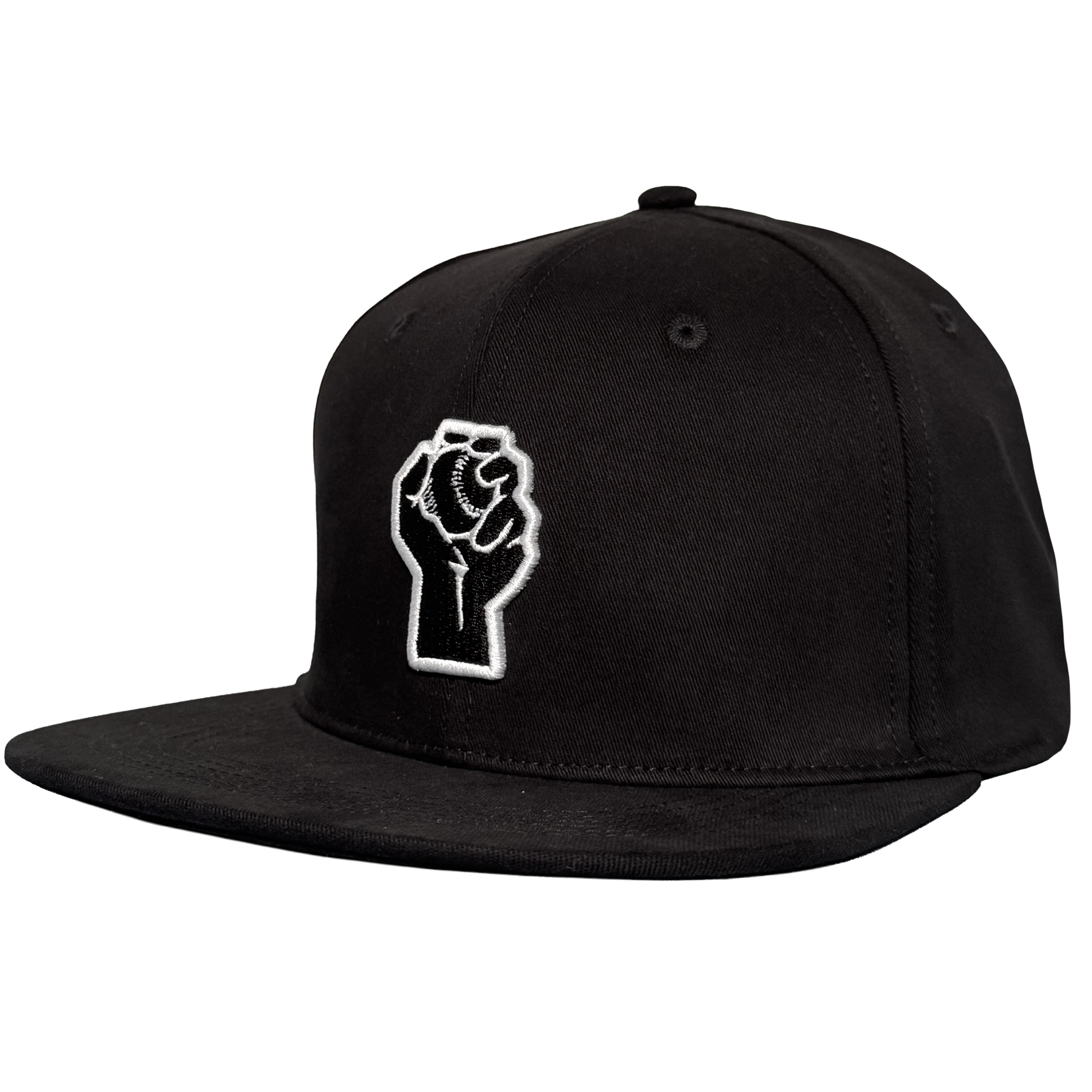 The Oakland Stand Up Hat by Oakland Ballers is a black snapback with a flat brim, featuring an embroidered white outline of a raised fist holding a baseball on the front panel—an homage to the team.