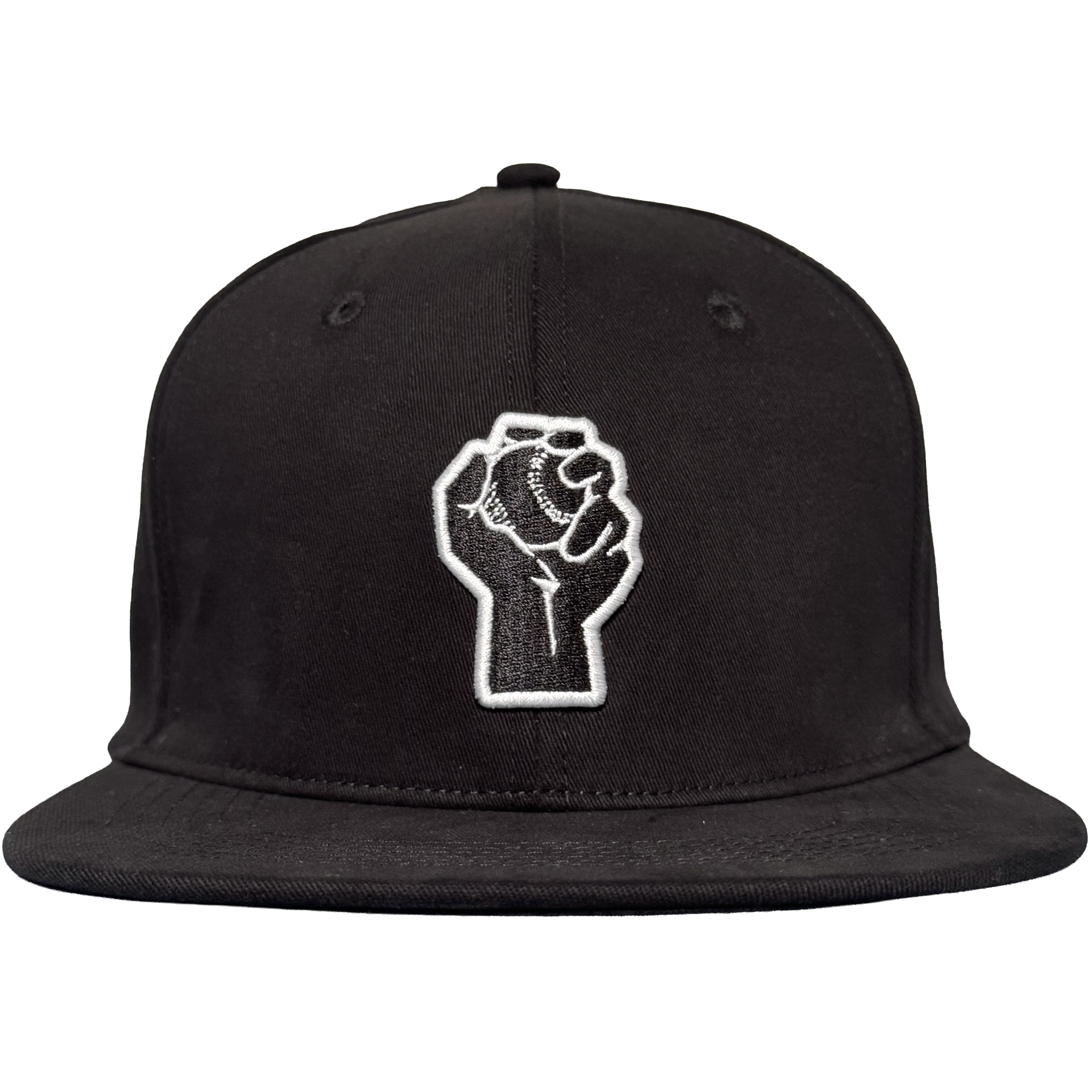 The Oakland Stand Up Hat by Oakland Ballers is a black flat-bill cap with an embroidered white raised fist on the front, symbolizing solidarity and resistance—a bold tribute to the team from the Pioneer League.