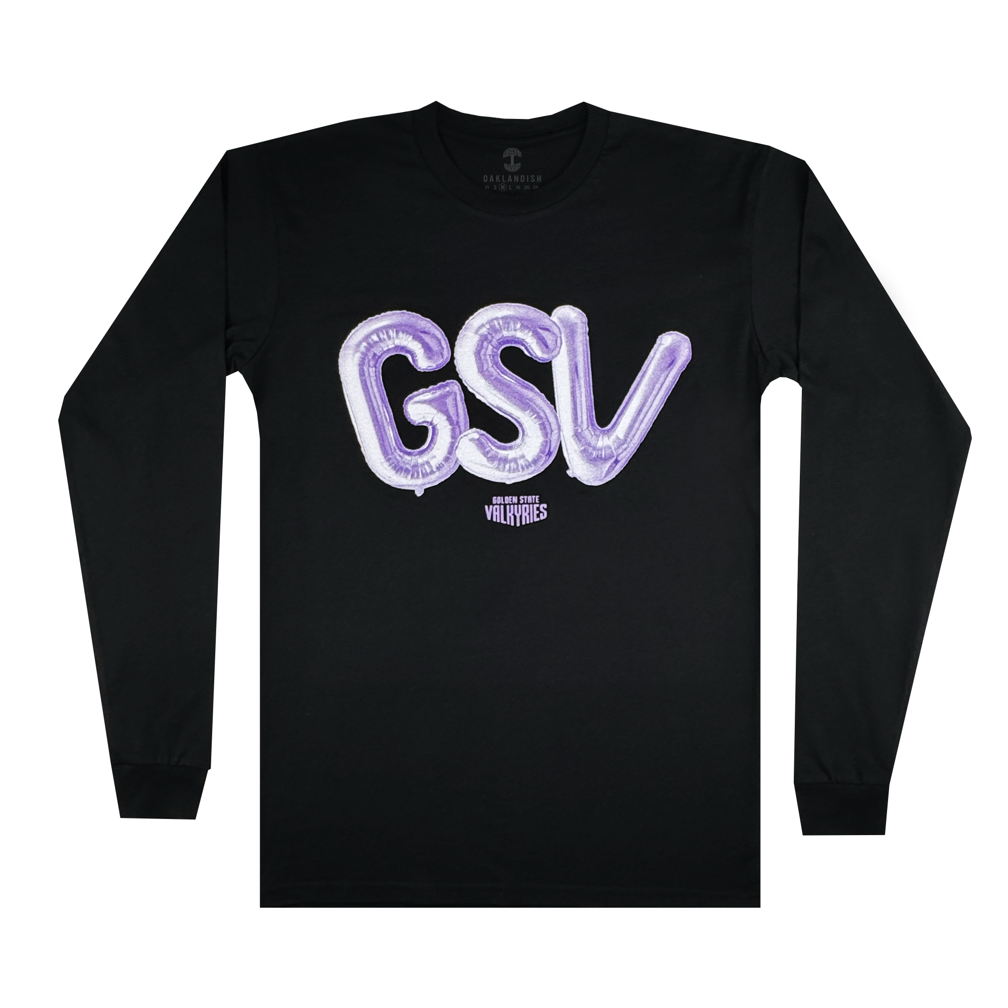The Golden State Valkyries Balloons LS Tee by GSV is a black cotton long-sleeve featuring large, shiny purple “GSV” balloon letters on the chest and small white “Guilty Simpson & Vally Vanes” text below, shown flat on a white background.