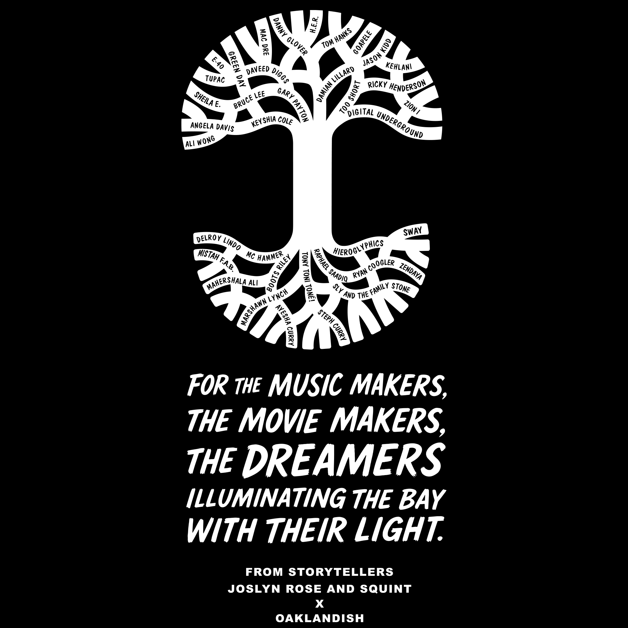 A white tree illustration on black, with branches named for local creatives. Beneath, text reads: “For the Bay Area Dream Maker.” Bay Area Dream Maker Hoodie by Oaklandish.