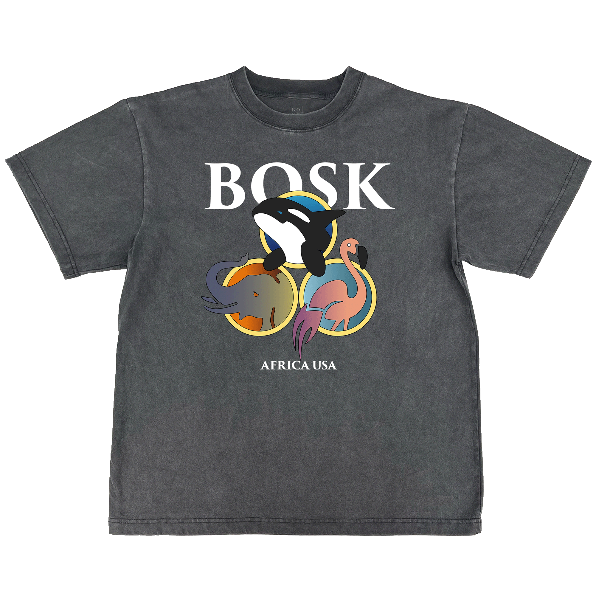 The BOSK Bosk World Tee is a faded black, classic fit, heavy-weight cotton shirt featuring bold white "BOSK" text above cartoon killer whale, elephant, and flamingo graphics with "AFRICA USA" printed underneath.