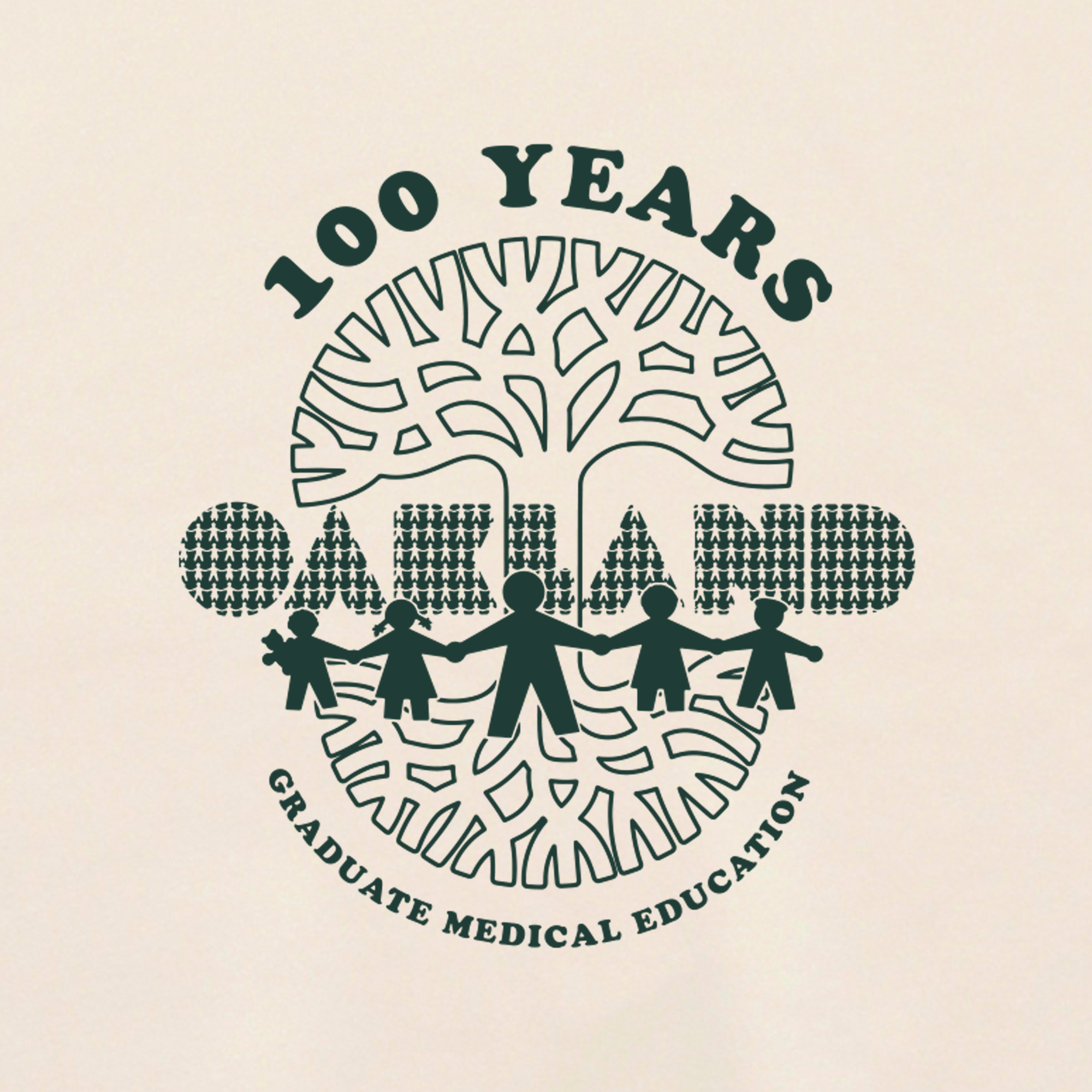 A circular logo on the Century of Caring Crew by Oaklandish features “100 Years” above a stylized tree, with “Oakland” and silhouettes of people holding hands in tribute to UCSF Benioff Children’s Hospital Oakland; below, it reads “Graduate Medical Education.” The dark green design on a light background is inspired by the spirit of the Oaklandish Centennial tee.