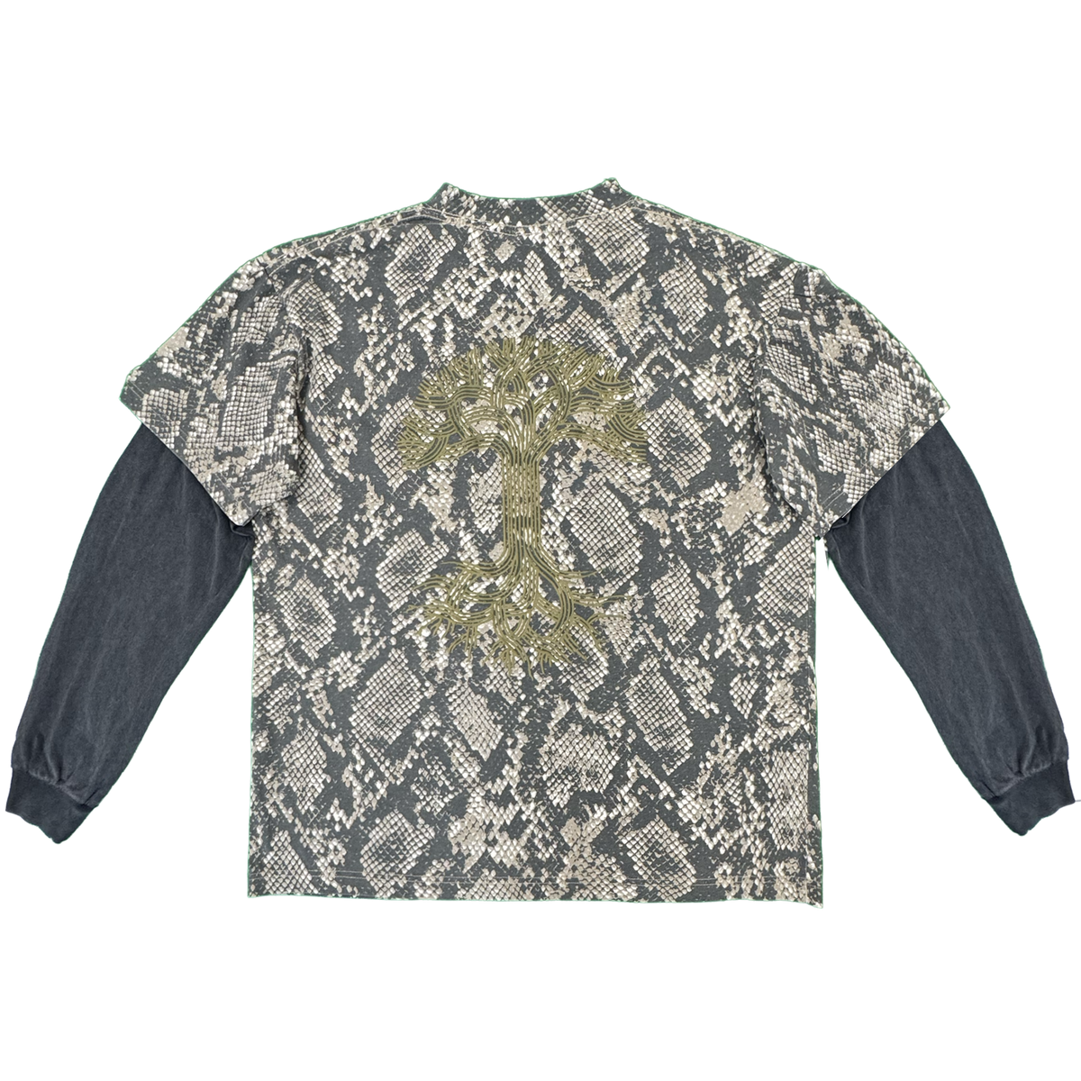 The Oaklandish Classic Logo LS Tee by Oaklandish features vintage black long sleeves with a short-sleeve overlay in a gray snakeskin pattern, reminiscent of a classic layered look. The back showcases an oversized gold embroidered tree logo with intricate metallic detailing on the roots and branches. Crafted from 100% cotton, this shirt is displayed flat against a white background.