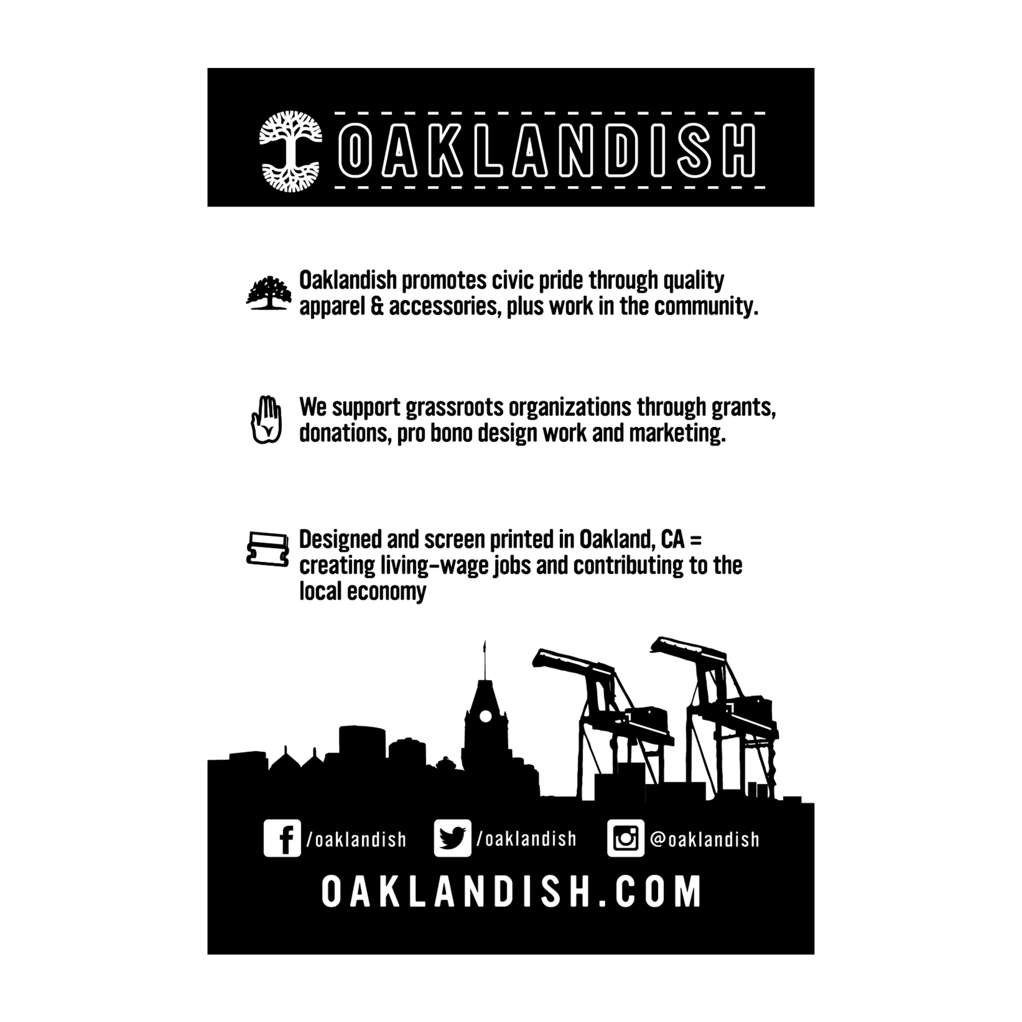 Oaklandish Classic Sticker featuring the roots logo, city skyline, cranes, and Tribune Tower—celebrating civic pride and local jobs. Social media icons and oaklandish.live appear at the bottom.