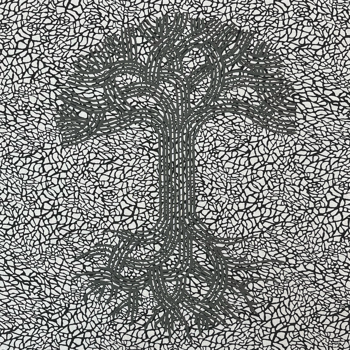 The Oaklandish Classic Logo Tee by Oaklandish features an abstract black tree with branched roots and limbs, centered within a dense, intricate network of black lines on a white background. The standout puff print design, resembling a mosaic or web, is showcased on a heavyweight cotton classic fit t-shirt, with the tree distinguished by bolder lines amid the surrounding pattern.
