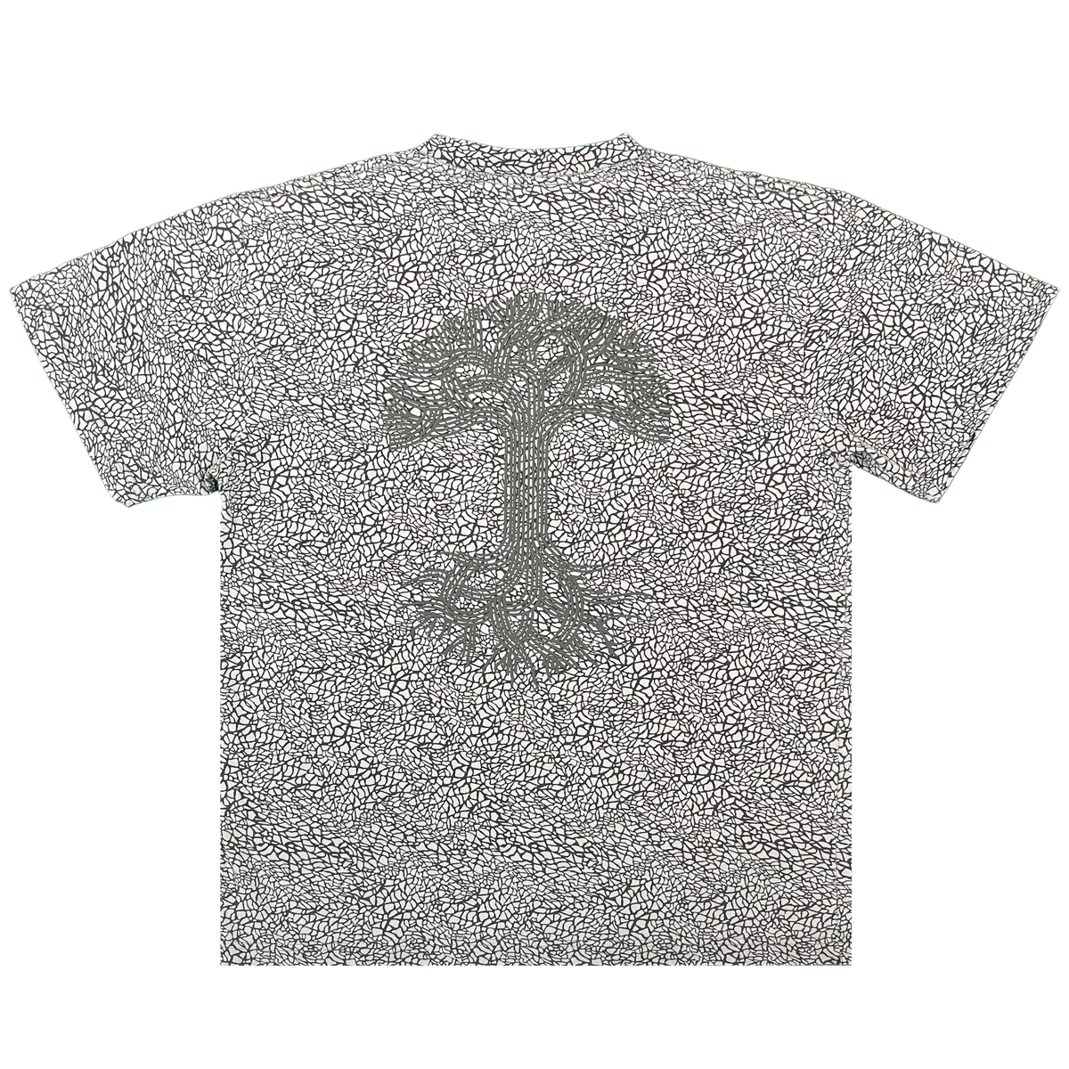 The Oaklandish Classic Logo Tee by Oaklandish is a classic fit, short-sleeve t-shirt made from heavyweight cotton, showcasing a bold black and white cracked pattern. At the center of the back, the iconic Oaklandish tree logo stands out in a contrasting darker shade—with its detailed roots and branches enhanced by textured puff print for added dimension against the intricately patterned background.