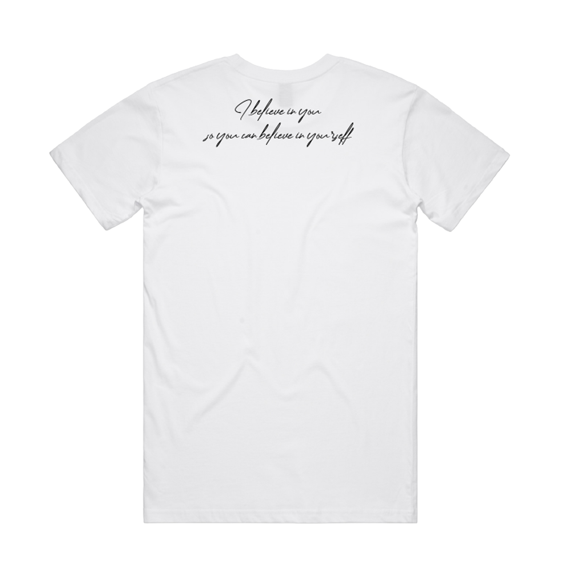 The Coach Beam's Legacy Tee by Oaklandish features black cursive text on the upper back reading, “I believe in you so you can believe in yourself,” honoring Coach John Beam’s commitment to uplifting Oakland youth with a minimalistic design.