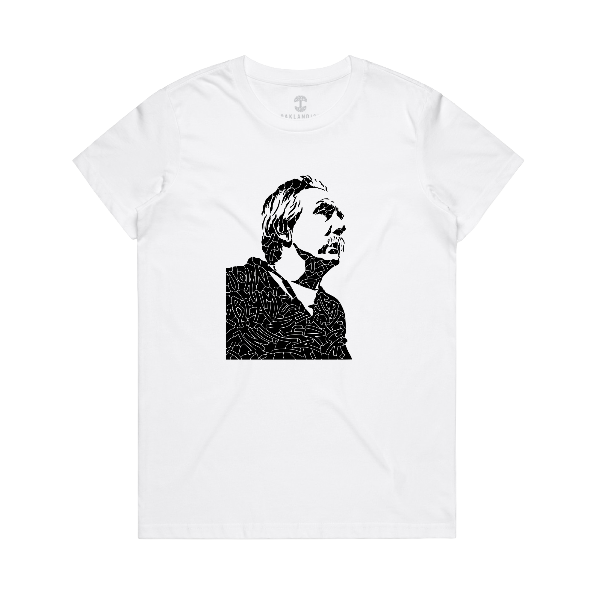 The Women's Coach Beam's Legacy Tee by Oaklandish features a black and white graphic of a face in profile, with abstract, labyrinth-like patterns inspired by Oakland youth for a bold visual impact.