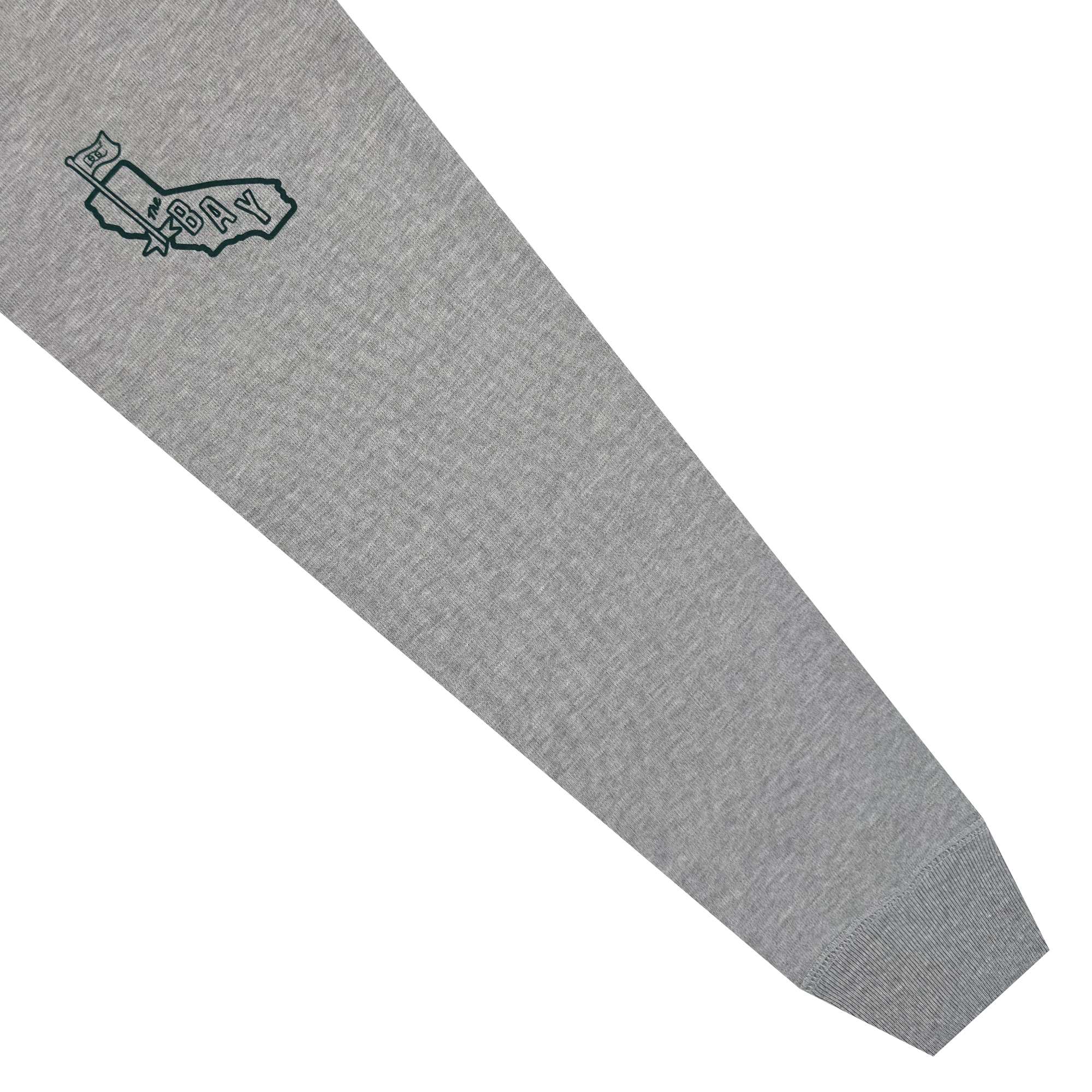 The Bay Flag Crew By DOC from Oaklandish is a premium heavyweight fleece with gray sleeves, a small crowned California "BAY" graphic, and ribbed cuffs for style on a white background. Part of The Bay Collection.