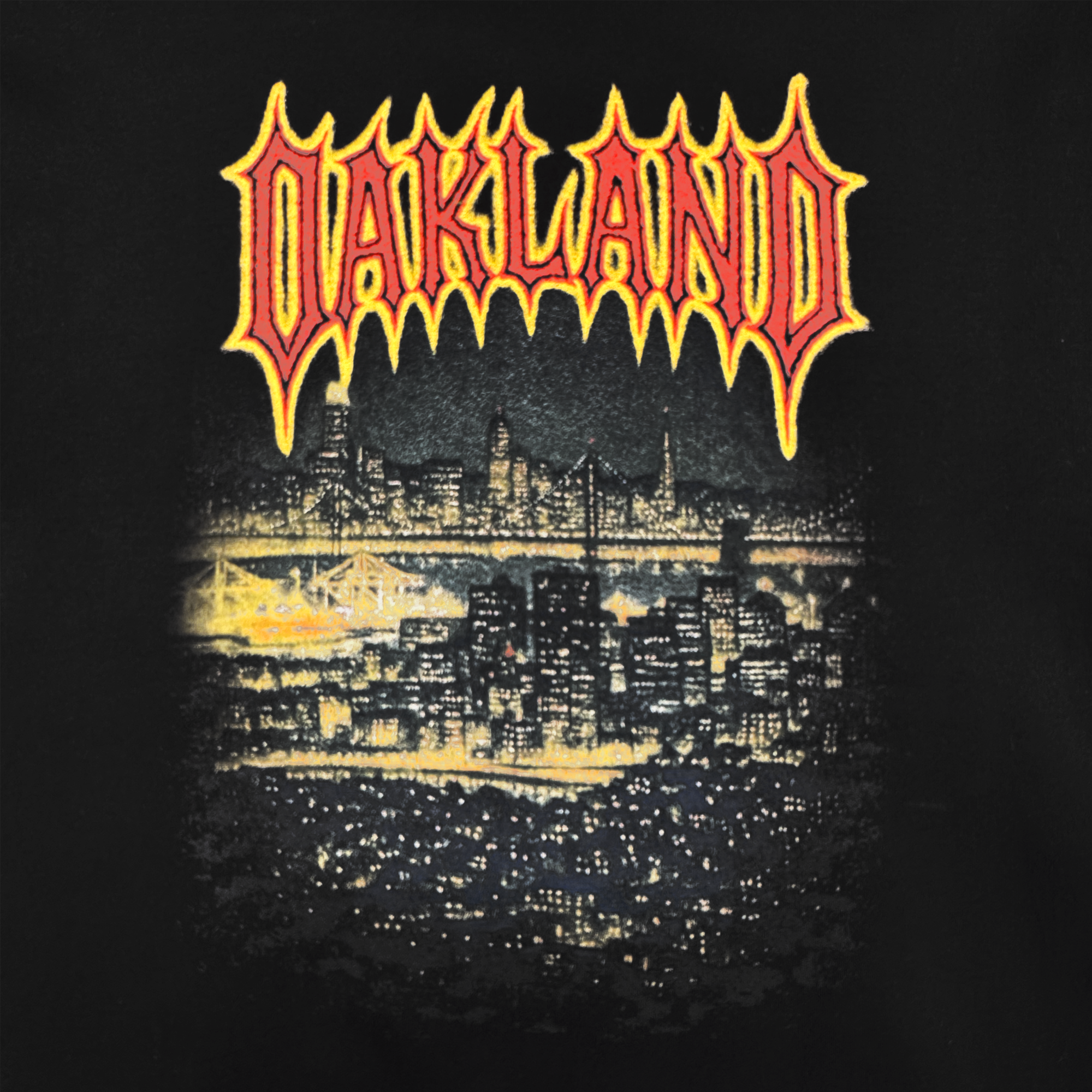The Ember Hoodie by Oaklandish features a fiery "OAKLAND" above a dark cityscape, capturing the city’s bold, energetic vibe—making it the perfect black fleece pullover for expressing local pride.