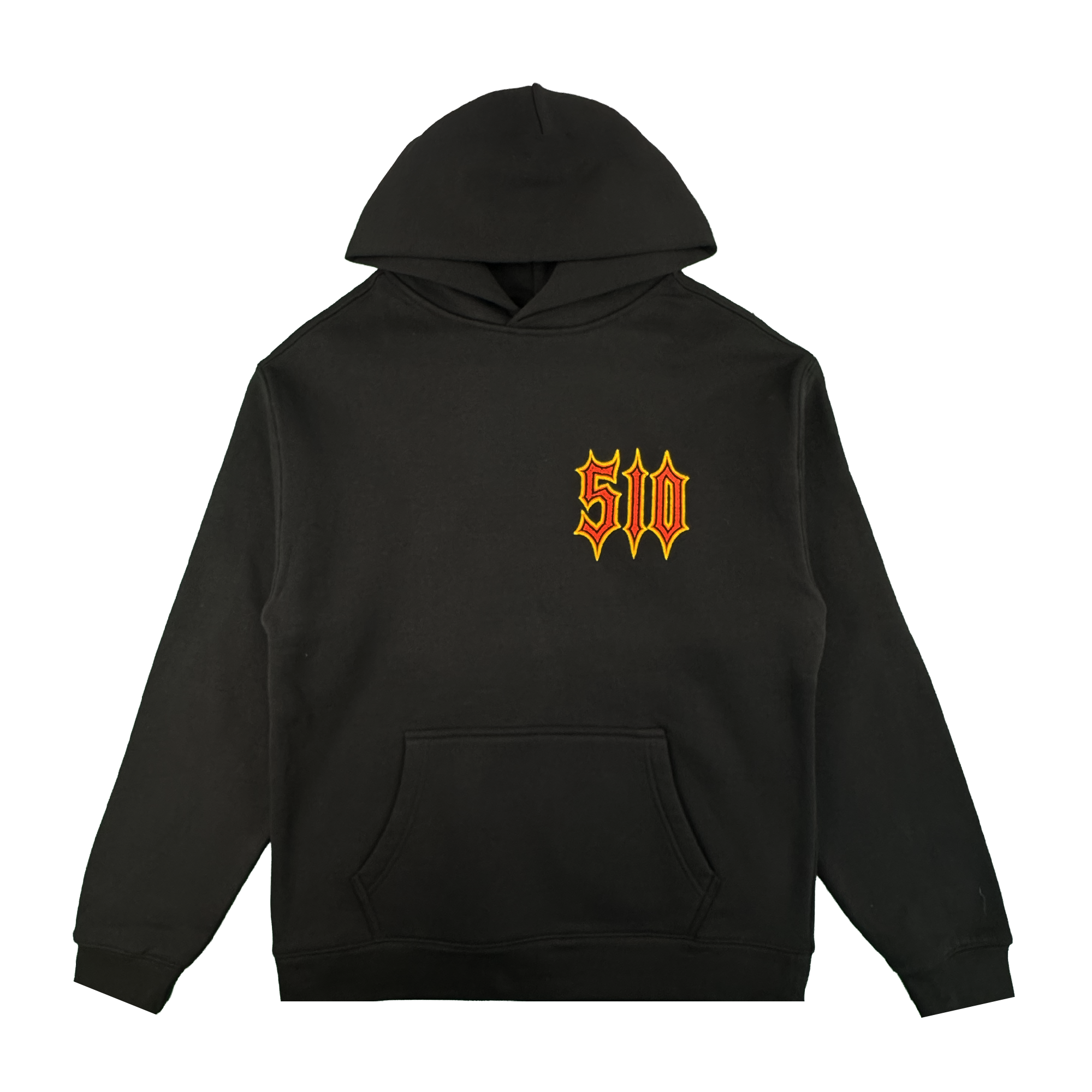 The Oaklandish Ember Hoodie is a black unisex fleece pullover with a front pocket and “510” in yellow, gothic-style font outlined in red on the left chest. A plain white background highlights this stylish hoodie.