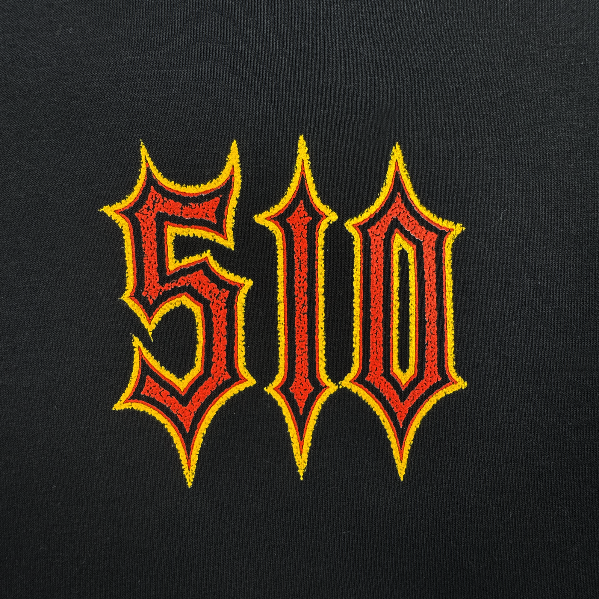 Bold Gothic-style "510" numbers in red with yellow outlines stand out on the black fleece of the Ember Hoodie by Oaklandish. The distressed, textured look and pointed serifs add visual impact, perfect for any unisex pullover hoodie style.