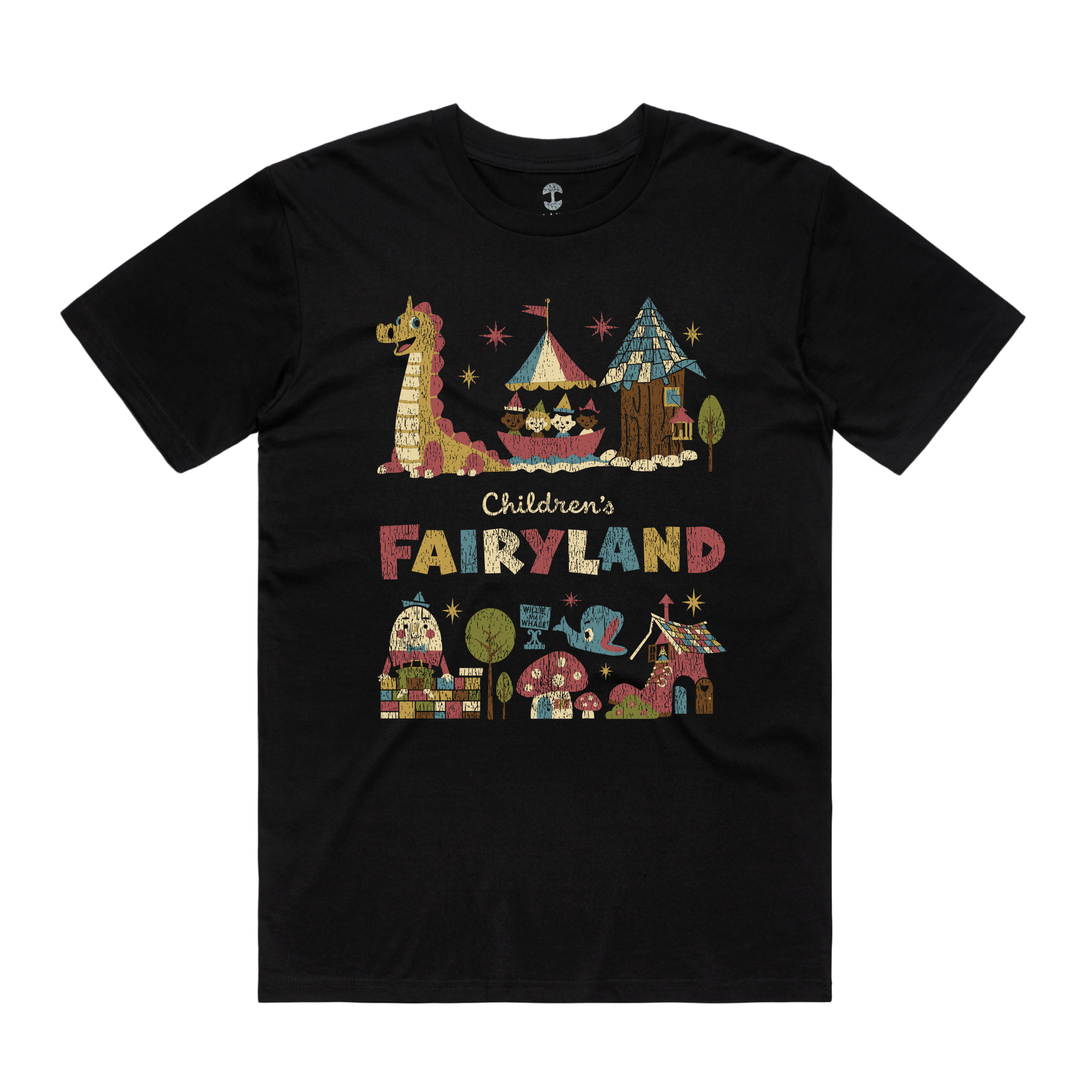 The Oaklandish Starlit Tee is a black t-shirt with colorful, whimsical art of a dragon, circus tent, houses, trees, and mushrooms. “Children’s FAIRYLAND” appears in playful multicolored letters below the scene. Inspired by Oakland’s Fairyland.
