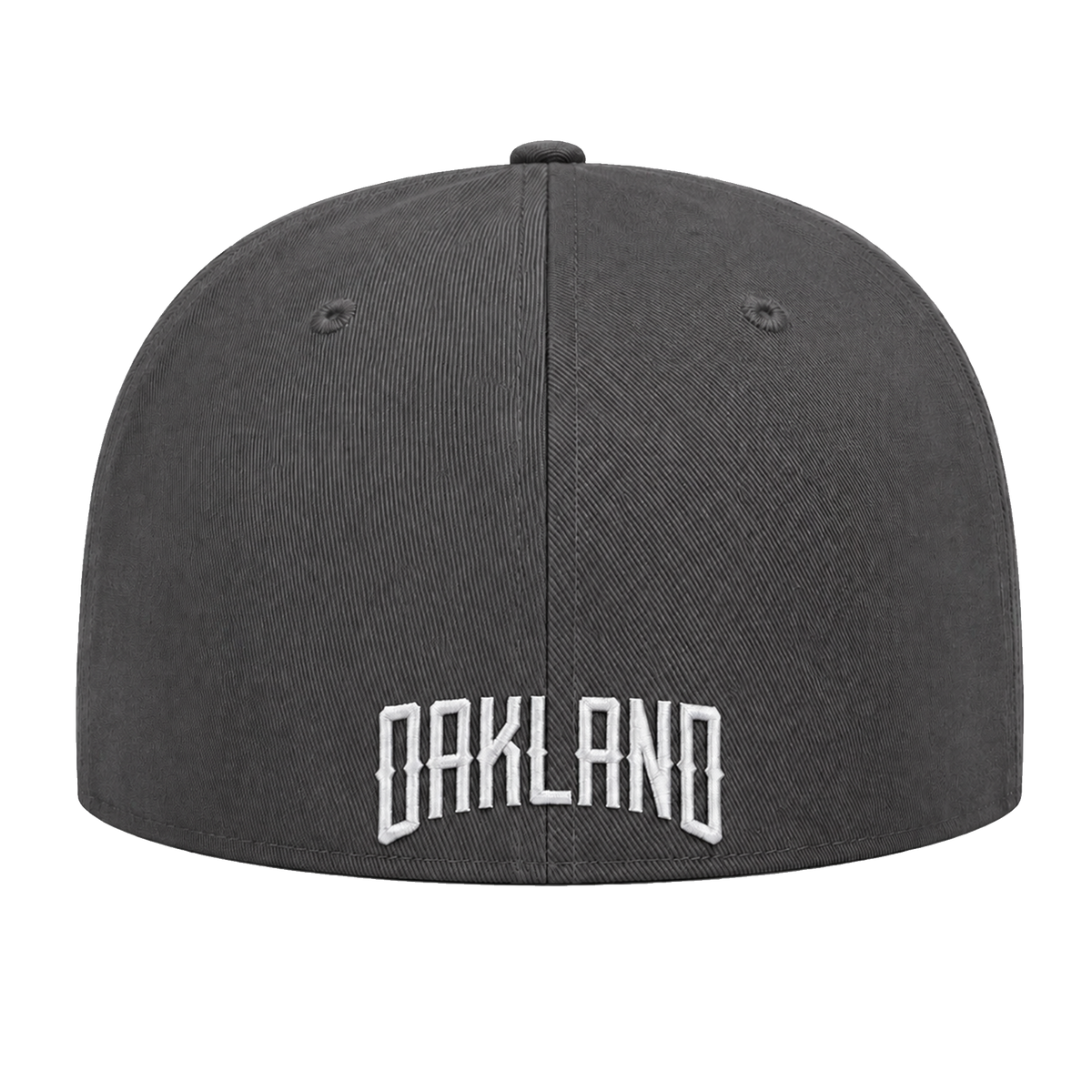 An Oakland Ballers Logo Hat in dark gray is pictured from the back, showcasing “OAKLAND” embroidered in bold, white, uppercase letters near the bottom edge—a tribute to the proud legacy of the Oakland Ballers pro baseball team. The cap includes two small ventilation holes on each side and a button on top. The background is plain white.