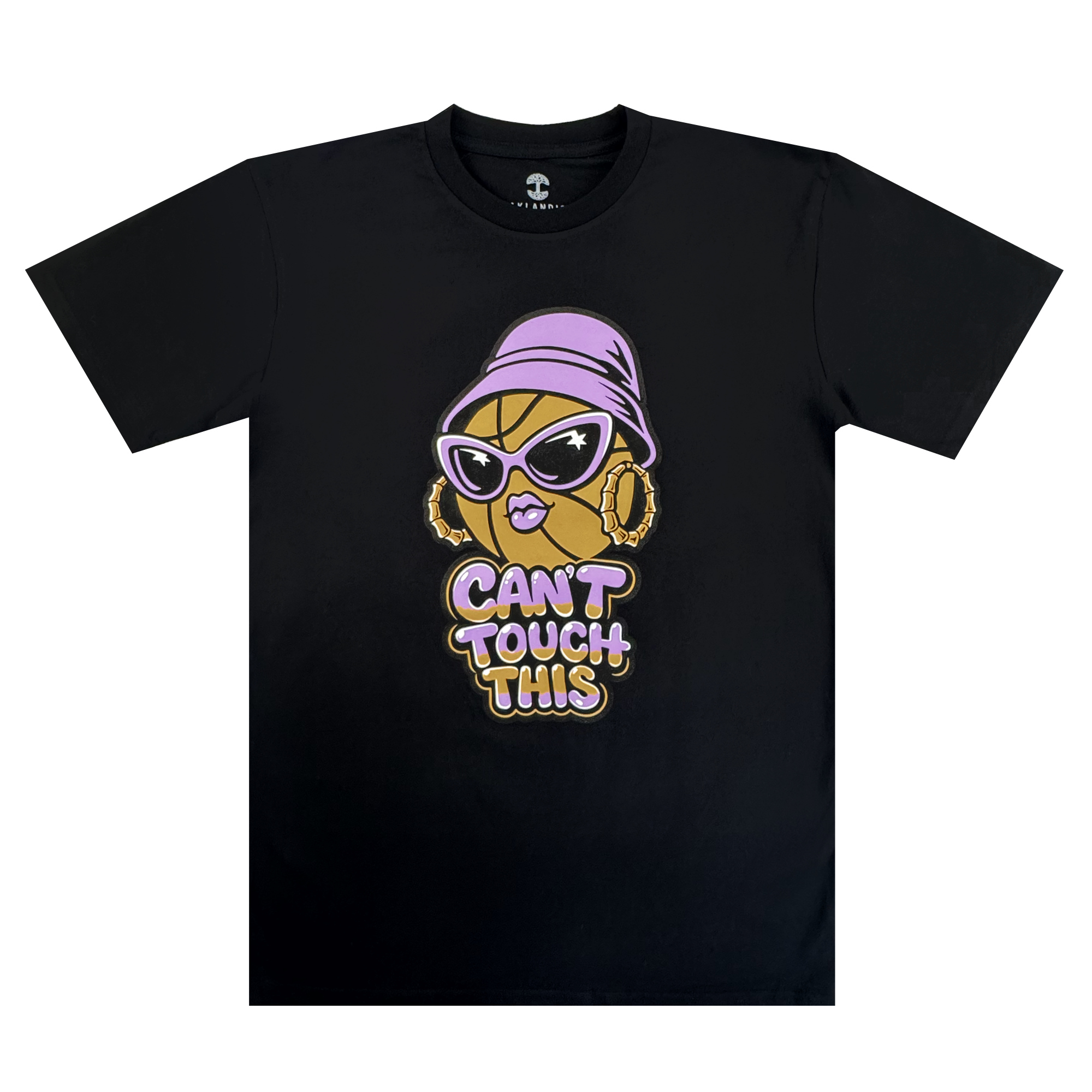 The GSV Can't Touch This Tee is a black classic fit t-shirt made from 100% cotton, featuring a stylized pineapple with sunglasses, gold hoops, purple lipstick, bucket hat, and bold text: "CAN’T TOUCH THIS.