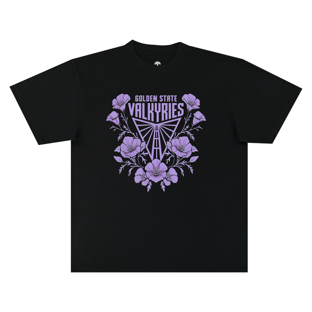 The GSV Poppies Tee by GSV is a classic fit t-shirt made from 100% cotton, showcasing “GOLDEN STATE VALKYRIES” above a triangular, stylized logo, all framed by lilac-hued flowers and leaves and centered on the chest.