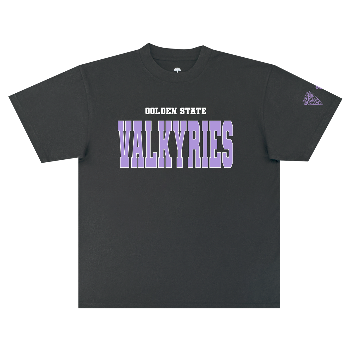 The GSV Varsity Tee by GSV is a classic fit, 100% cotton black t-shirt featuring “GOLDEN STATE” in white above bold purple “VALKYRIES” block letters across the chest. A small purple triangle logo appears on the left sleeve, standing out against the plain white background.