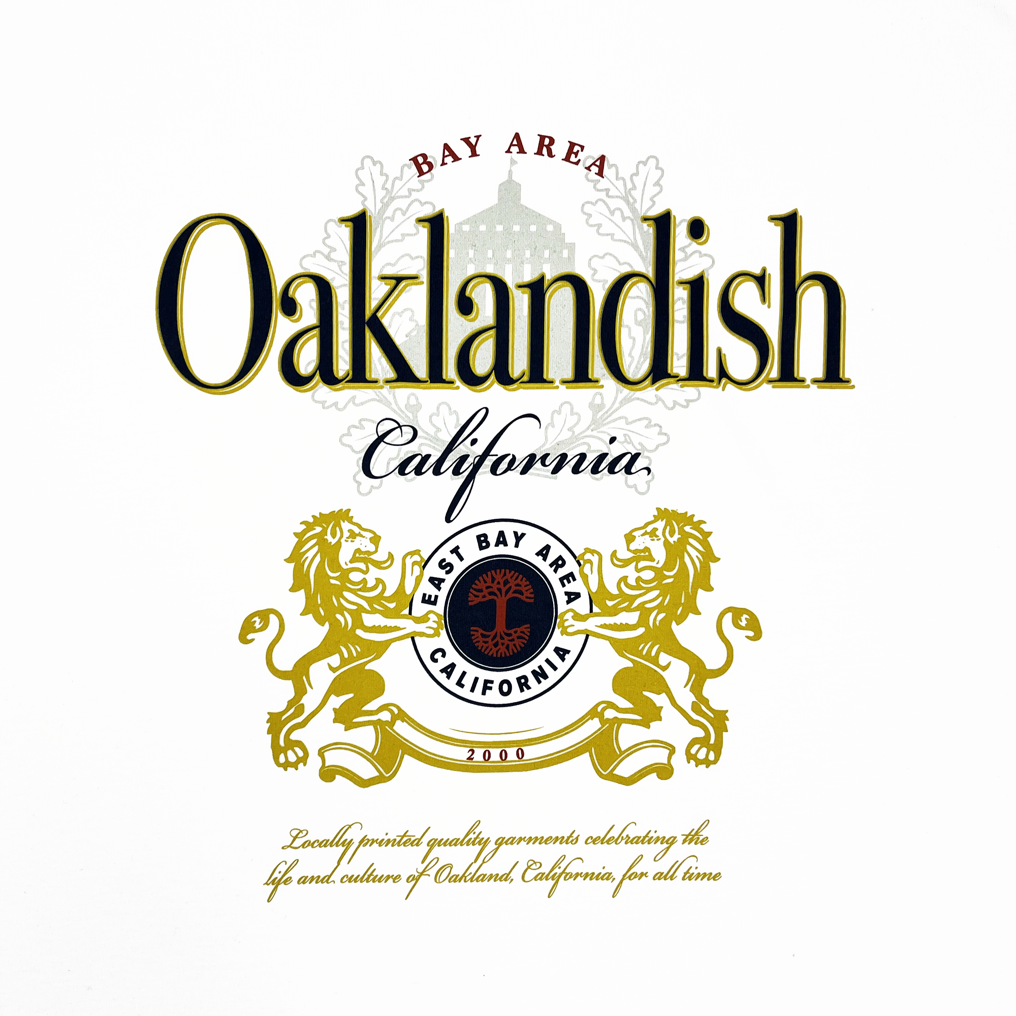 The Lager Especial Tee by Other is a 100% cotton classic fit featuring "Bay Area" over and "California" under stylized text. A central emblem reads "East Bay Area California 2000," flanked by golden lions, emphasizing local pride and heritage.