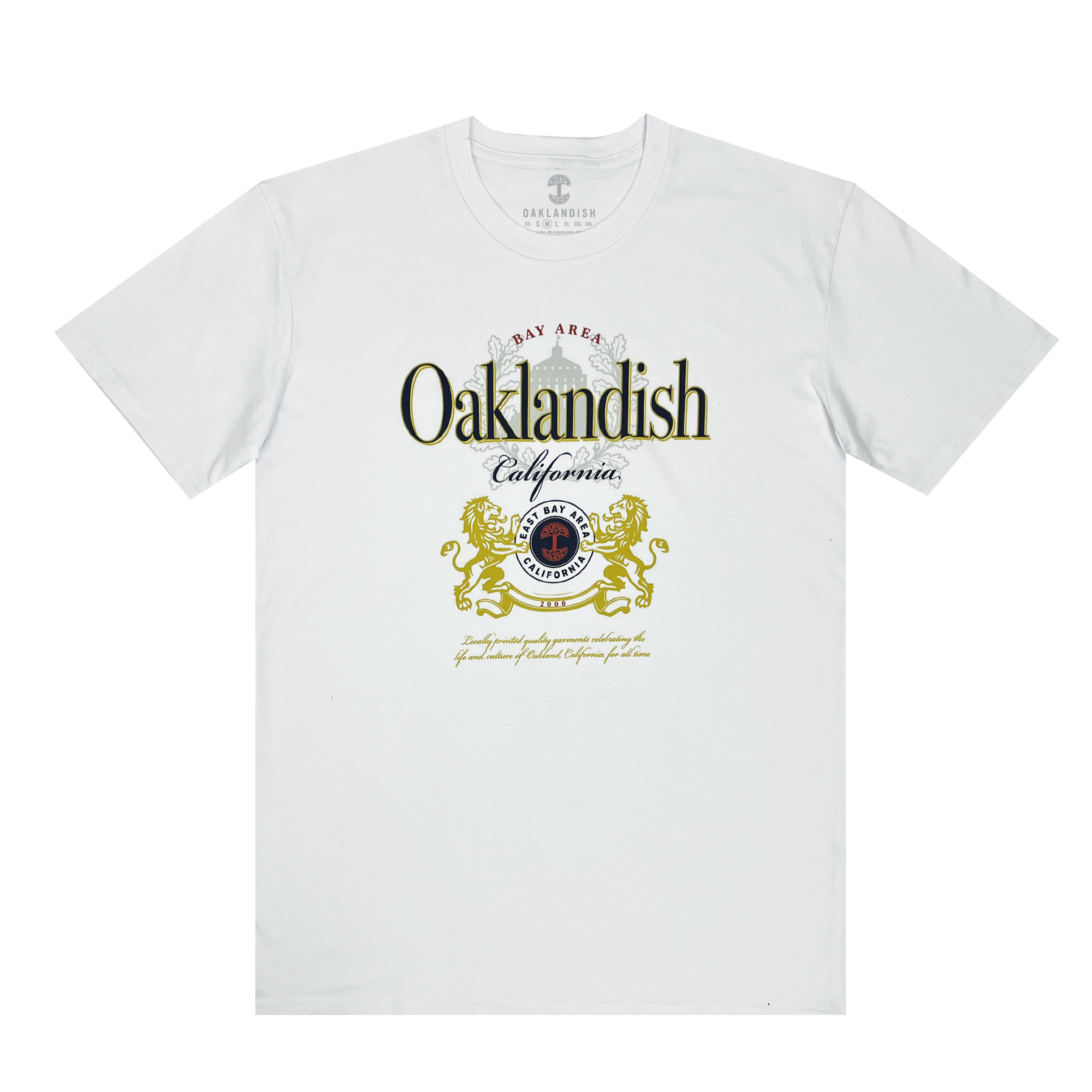 The Lager Especial Tee by Other features "Oaklandish" in bold black letters with "Bay Area" above in red. Gold lions and "California" in cursive surround a circular emblem with a red star. Made from 100% cotton, decorative text completes this standout design.