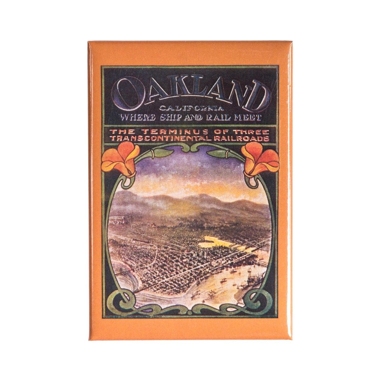 Bring home a piece of history with the Oaklandish Poppies Magnet: a vintage postcard-style image featuring "OAKLAND CALIFORNIA WHERE SHIP AND RAIL MEET. THE TERMINUS OF THREE TRANSCONTINENTAL RAILROADS," adorned with vibrant orange poppies and a stunning bird’s-eye view of the city and bay—an ideal refrigerator magnet or unique Oakland souvenir to add to your accessories collection.