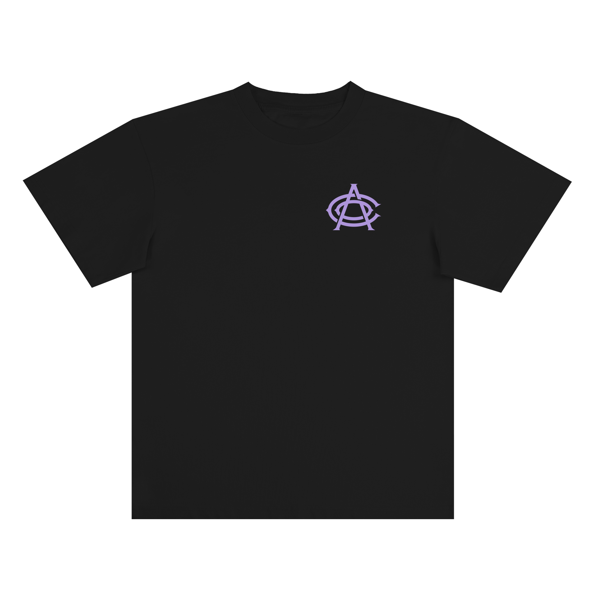 OAC’s classic-fit OAC Tee in black features short sleeves and a small purple Oakland Athletic Club logo—a distinctive overlapping “A” and “C” crossed by a diagonal line—printed on the left chest. Made from heavy-weight cotton, the shirt is photographed flat against a plain white background.