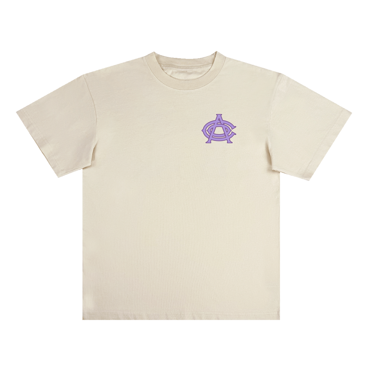 The OAC Tee by OAC is a classic-fit, heavyweight cotton t-shirt in plain beige with short sleeves and a crew neckline. A stylized purple “OAC” logo is featured on the left chest, while the rest of the shirt remains free of any other designs or patterns.