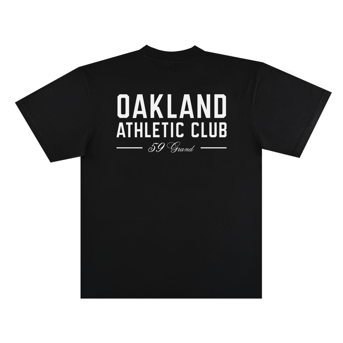 The Prestigious Tee by OAC is a black classic fit t-shirt made from heavyweight cotton, shown from the back against a plain white background. Centered on the shirt is bold white text that reads “OAKLAND ATHLETIC CLUB,” with smaller cursive lettering below that says “59 Grand.”.