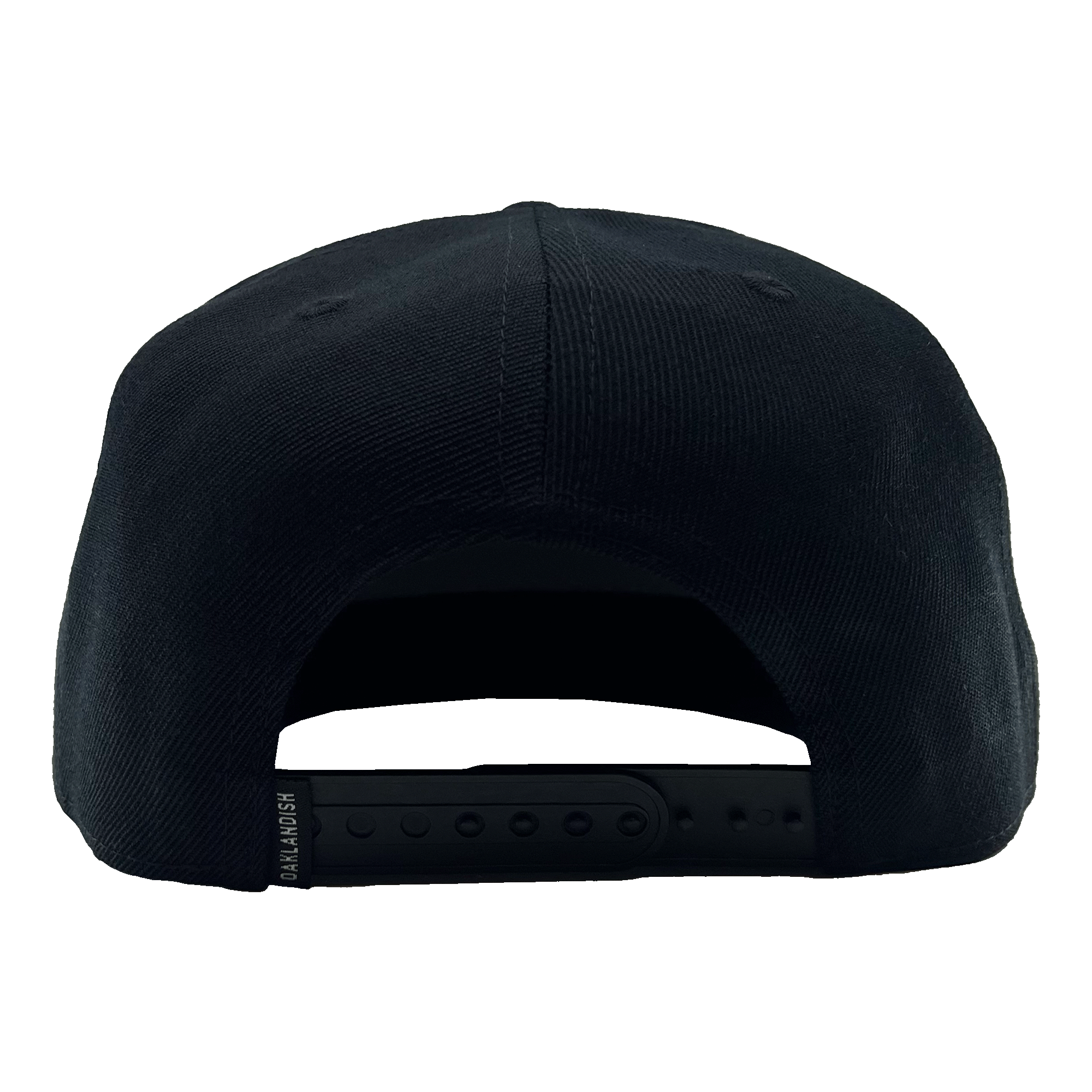 Back view of a black hat with black adjustable snapback closure with small Oakladish wordmark tag.