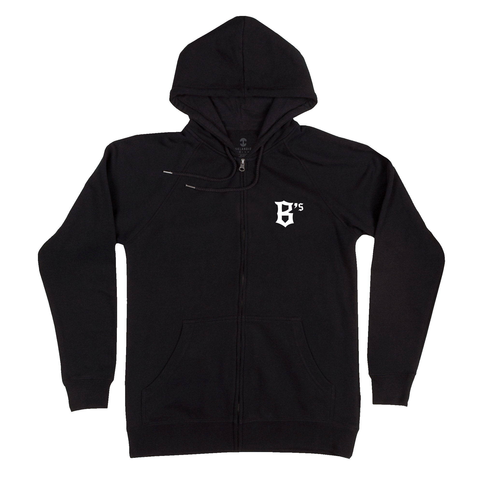 The Oakland Ballers Logo Zip is a black zip-up hoodie featuring front pockets, a drawstring hood, and a white stylized "B's" logo on the left chest, representing the Oakland Ballers baseball team. The background is plain white.