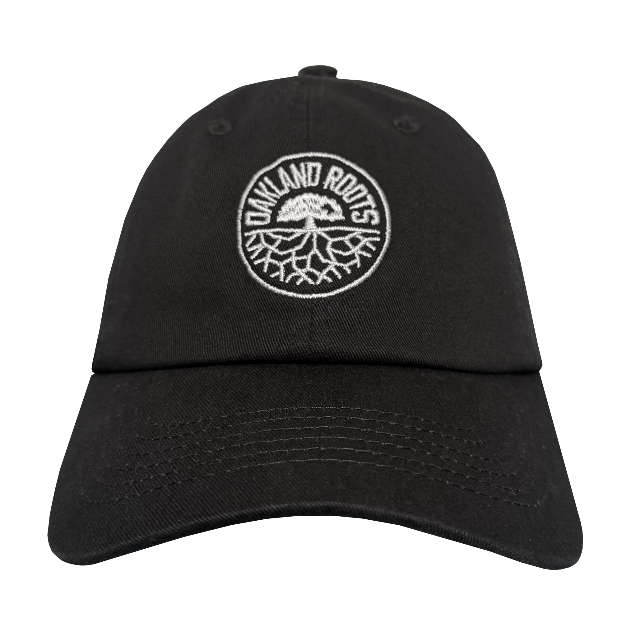 The ORSC Dad Hat by Oakland Roots SC is a black cap with visible stitching and a curved brim, featuring the "Oakland Roots" logo—white "OAKLAND ROOTS" text above a tree root graphic within a circular border—embroidered on the front.